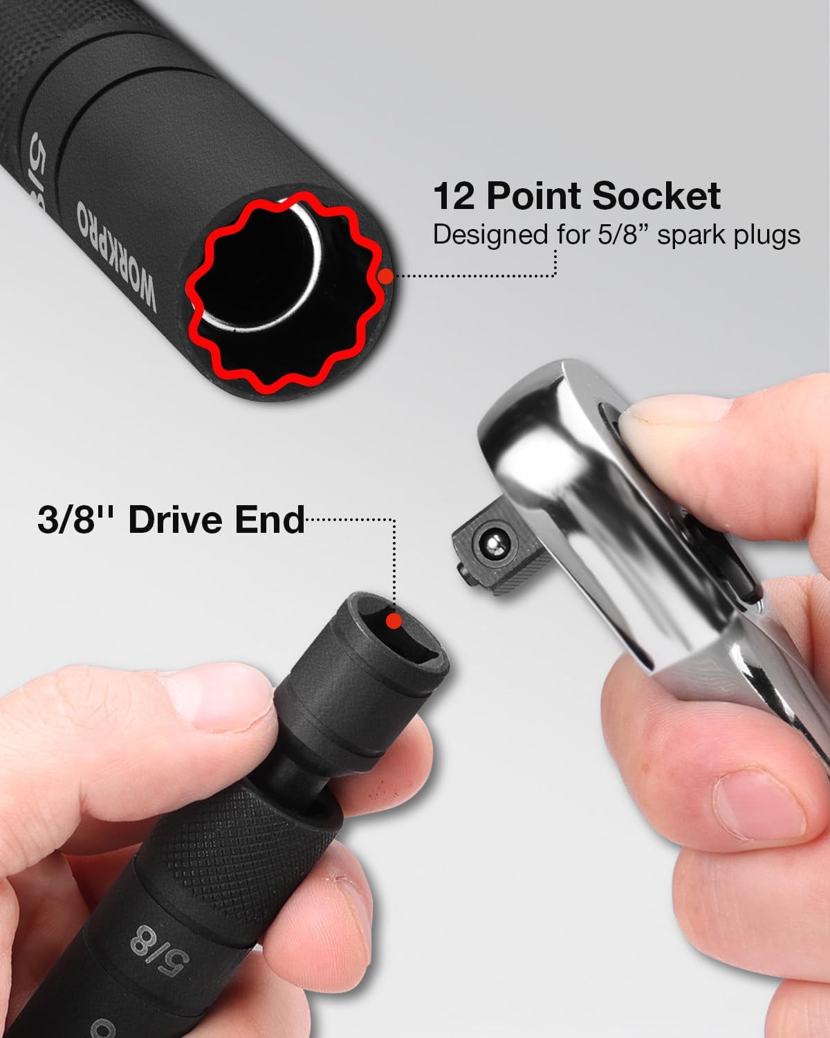 Black 5/8 in spark plug socket with 12-point socket and 3/8 in drive end