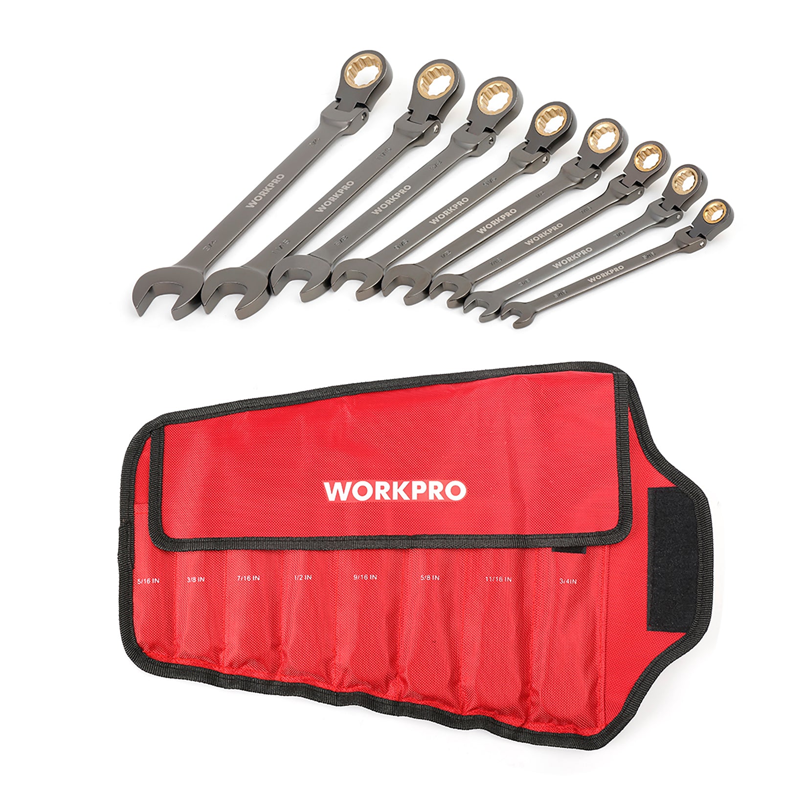 WORKPRO 8 Pcs Flex-Head ratcheting combination wrench set with organizer bag, durable quality and secure storage