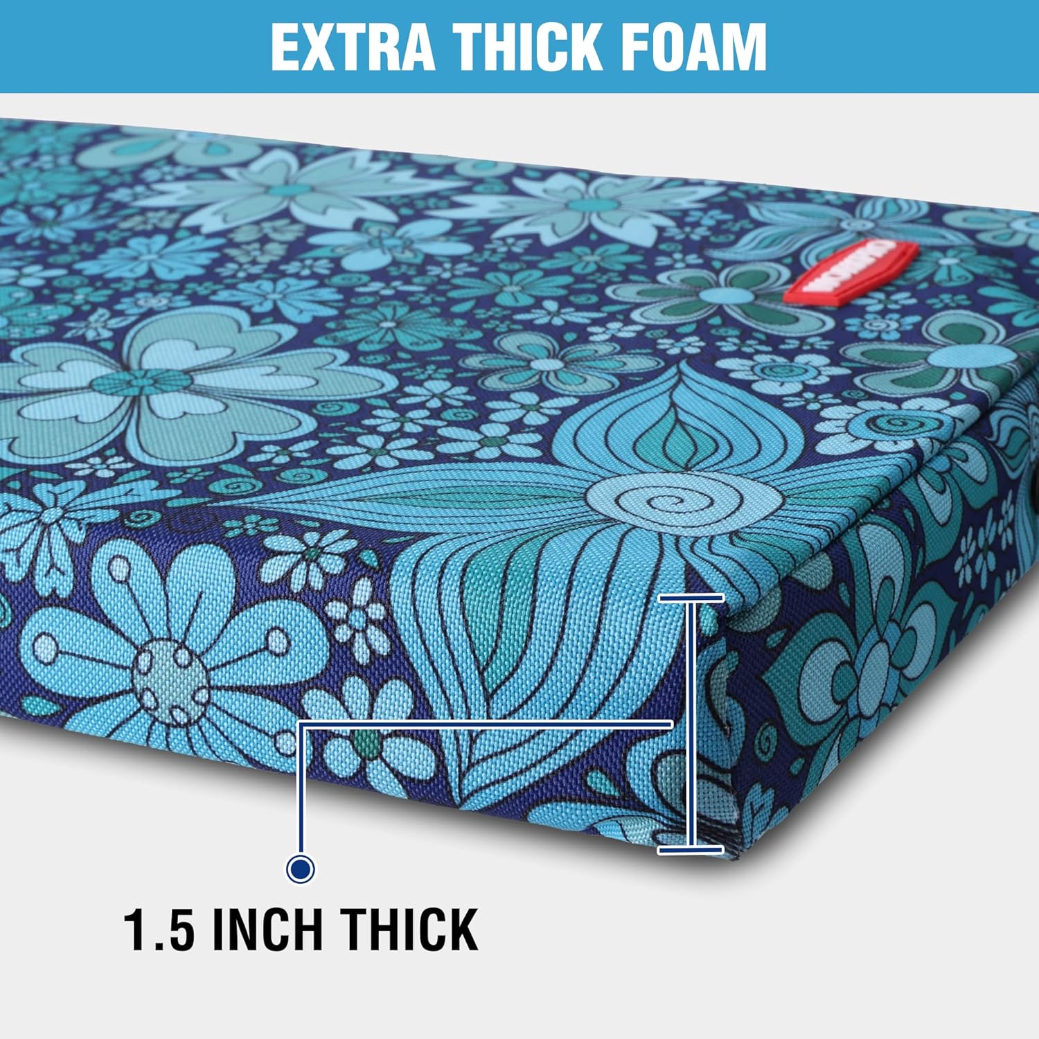 Blue floral kneeling pad close-up showing thick, cushioned foam corner