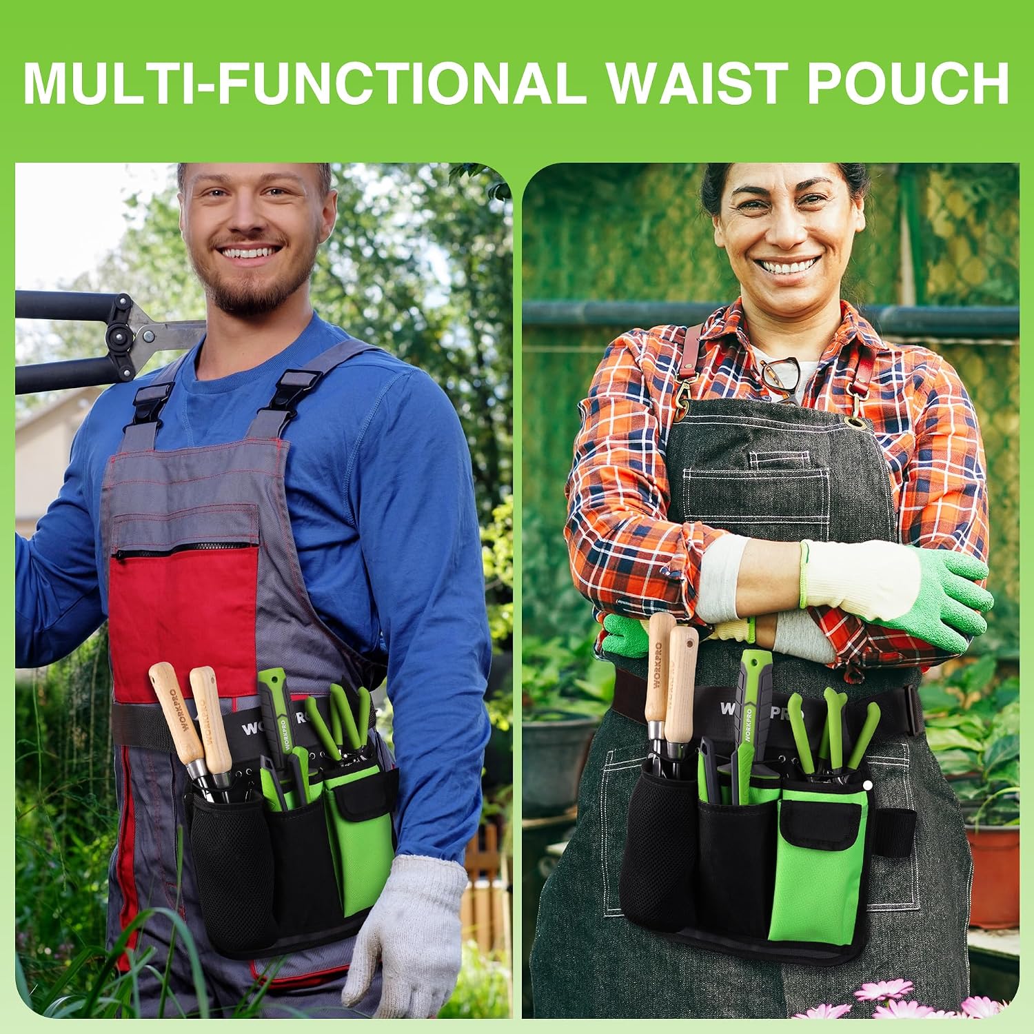 Multi-pocket waist pouch for tools, worn outdoors, black fabric with bright green accents