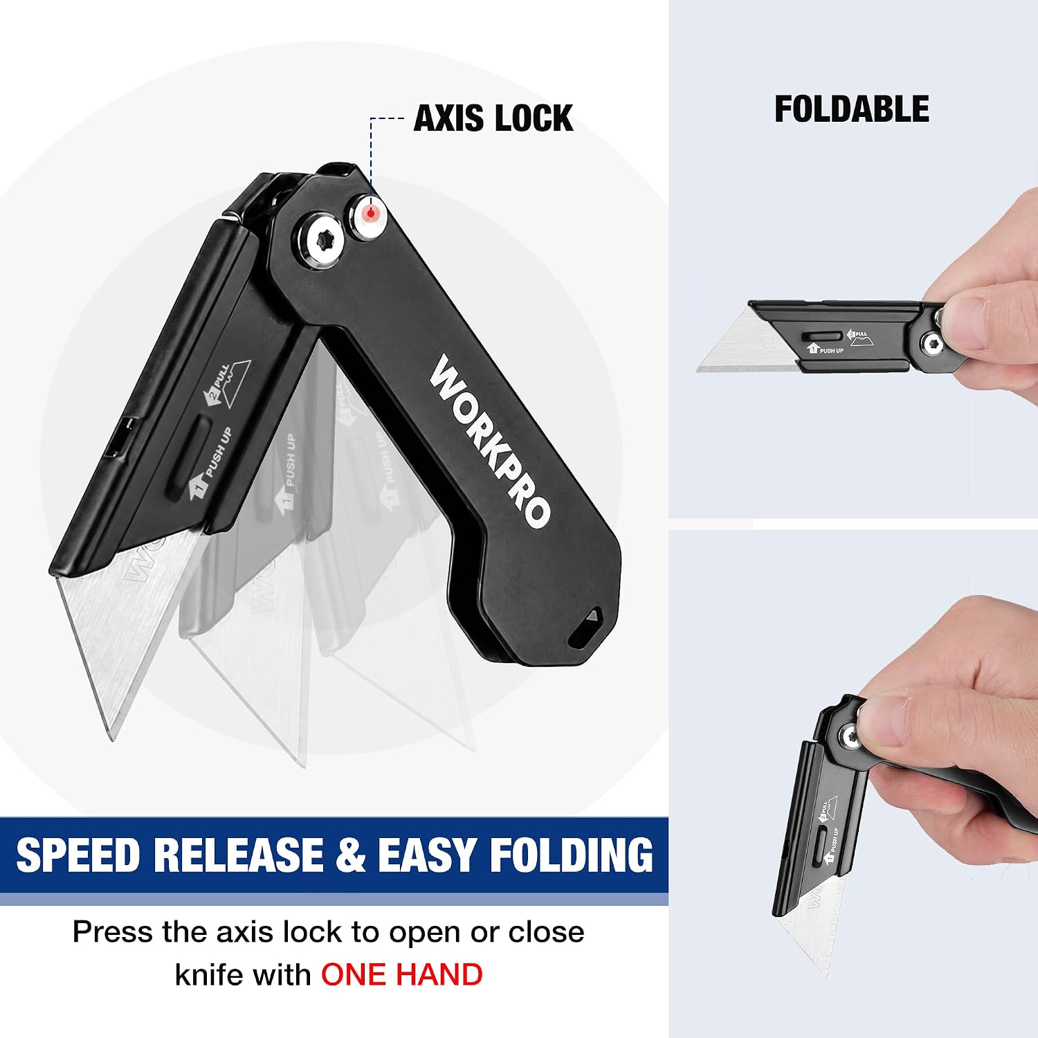 WORKPRO compact folding knife with axis lock and blade retraction, black handle