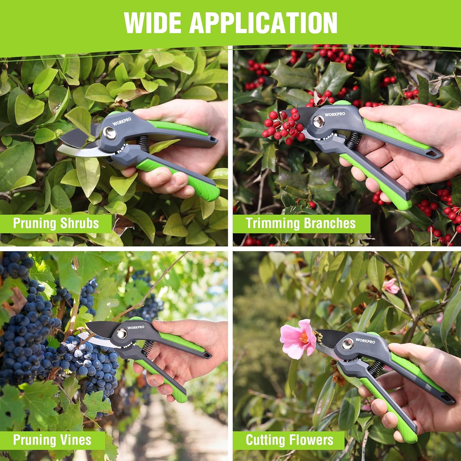 WORKPRO bypass pruning shears with compact twin blades and green grip for trimming branches