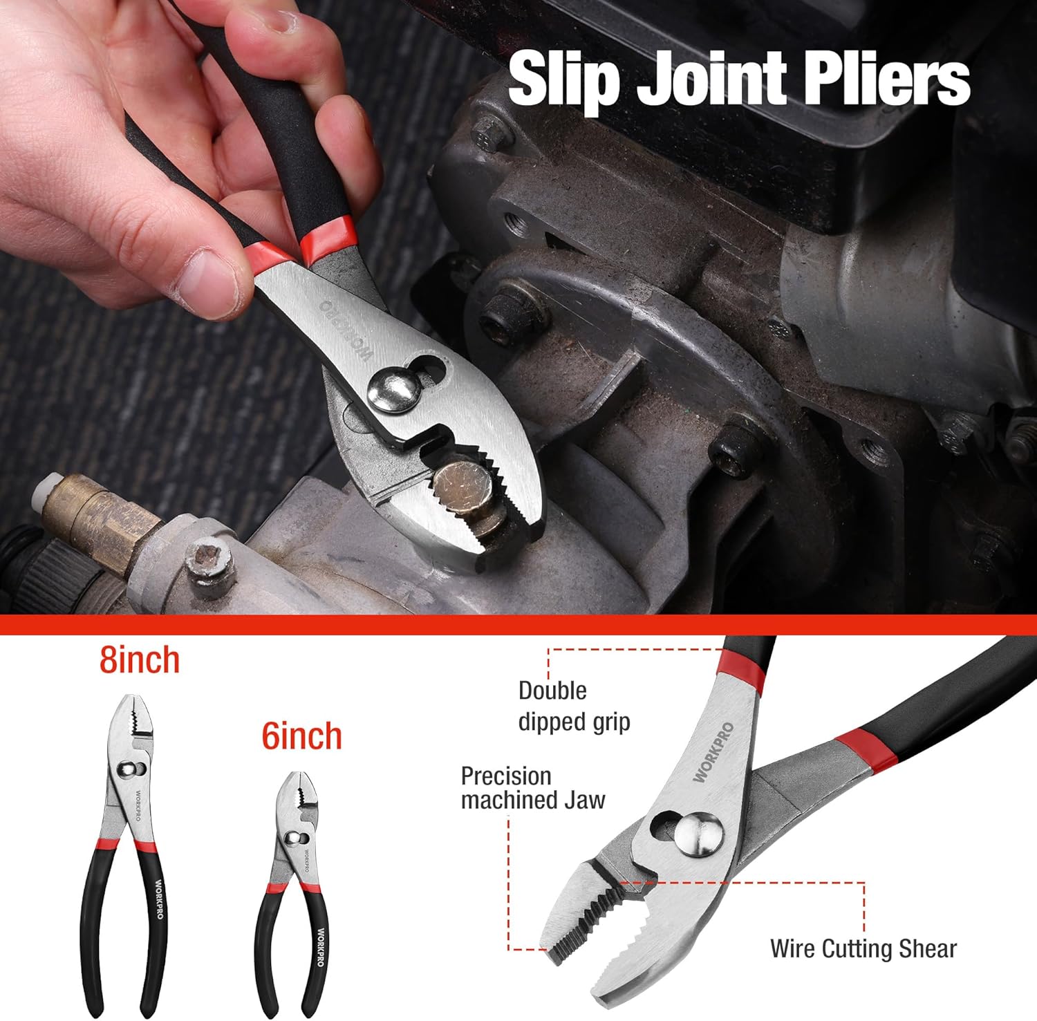 Slip joint pliers with serrated jaws and black-and-red handle, in hand use
