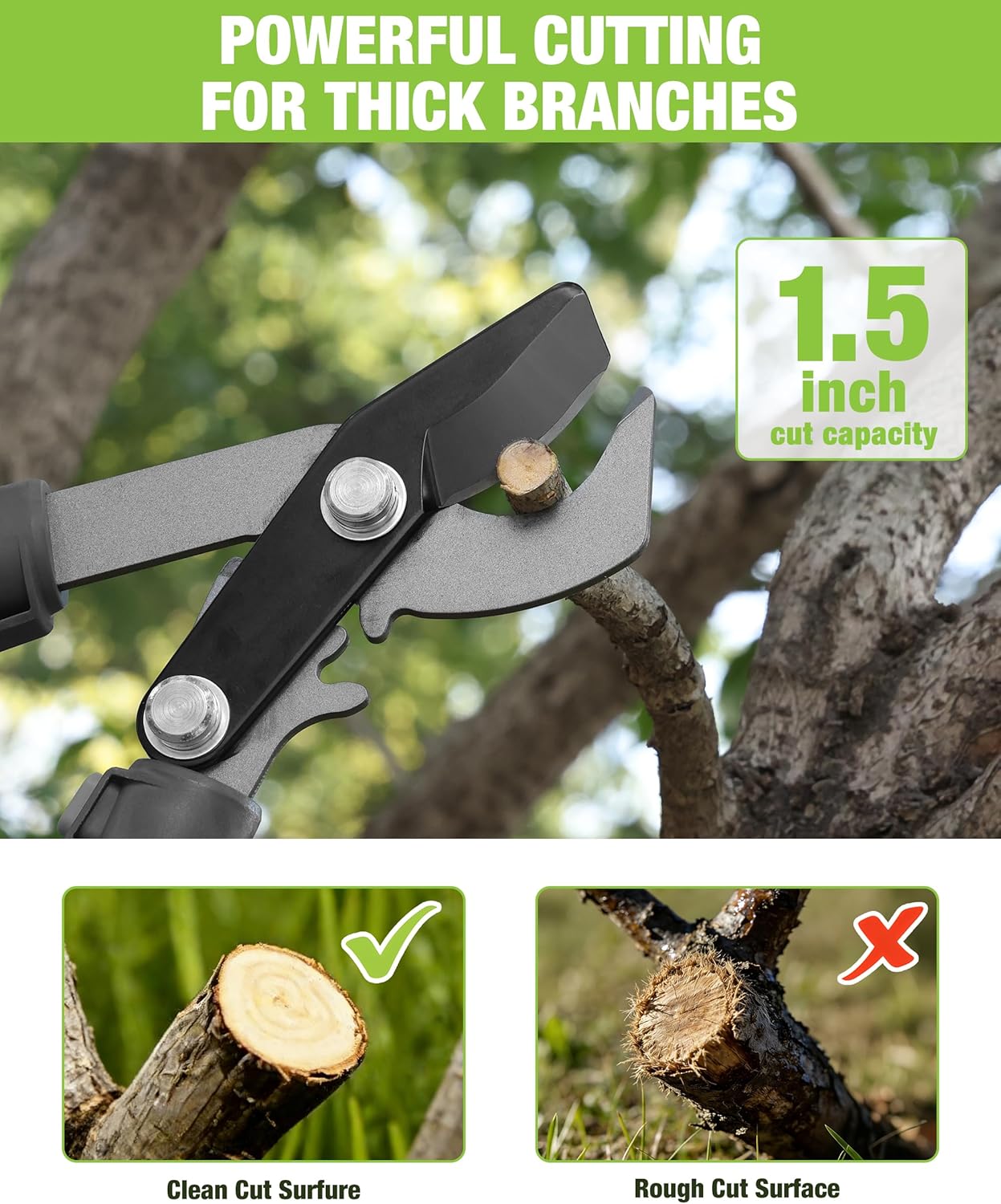 Bypass lopper head with two blades and 1.5-inch cutting capacity on thick branches