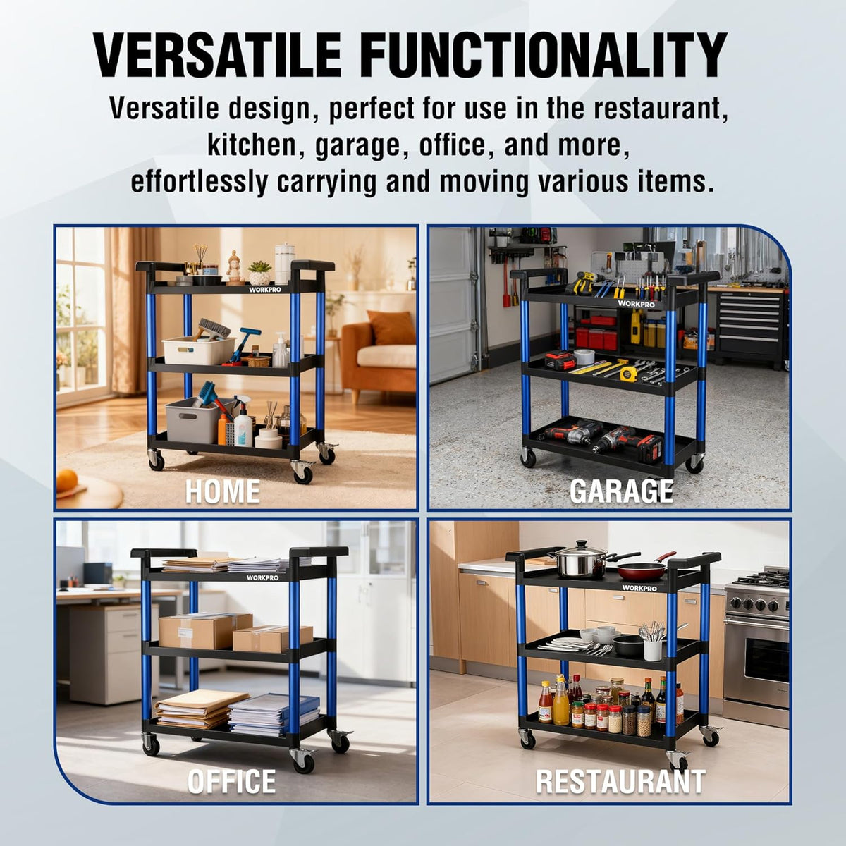3-tier rolling utility cart with blue frame and black shelves