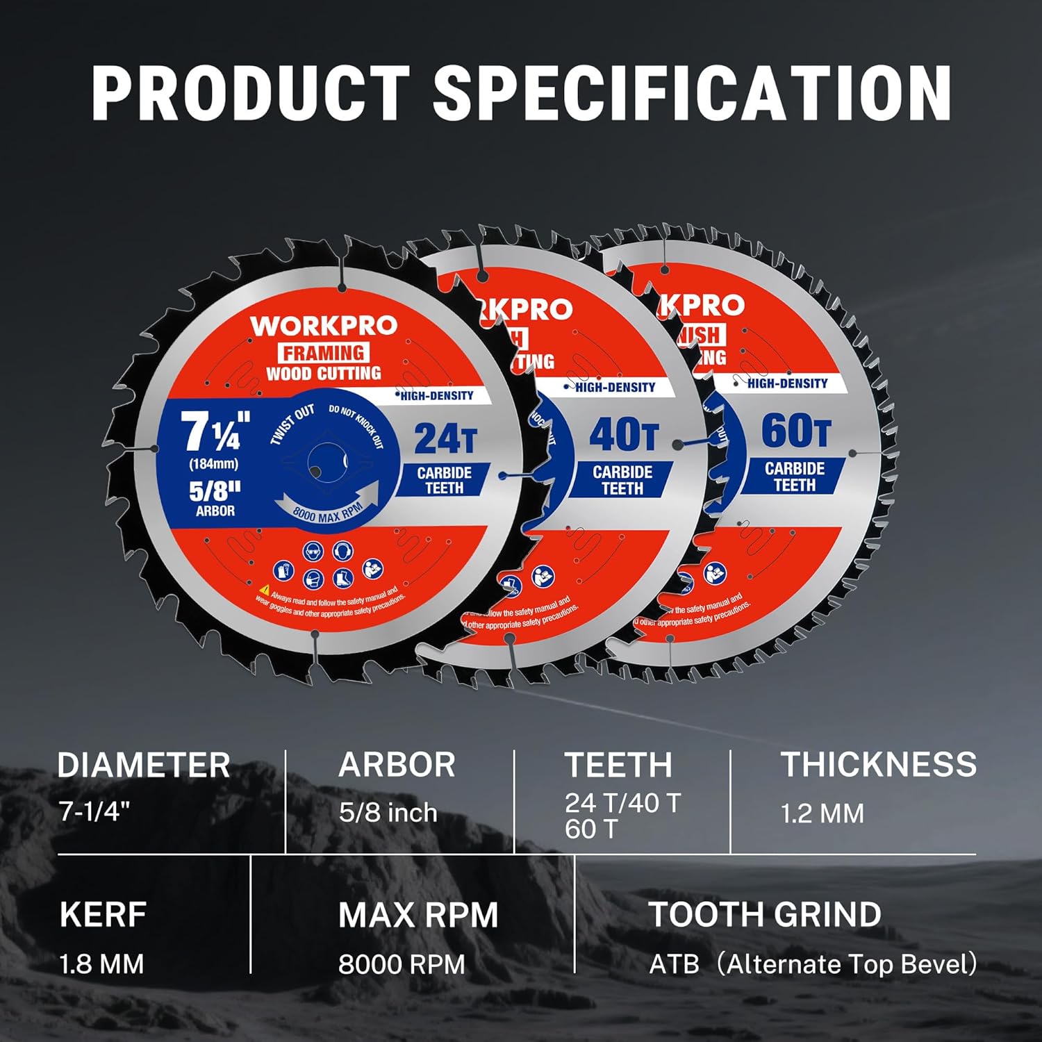 Three 7-1/4 in circular saw blades with 24T, 40T, and 60T carbide teeth