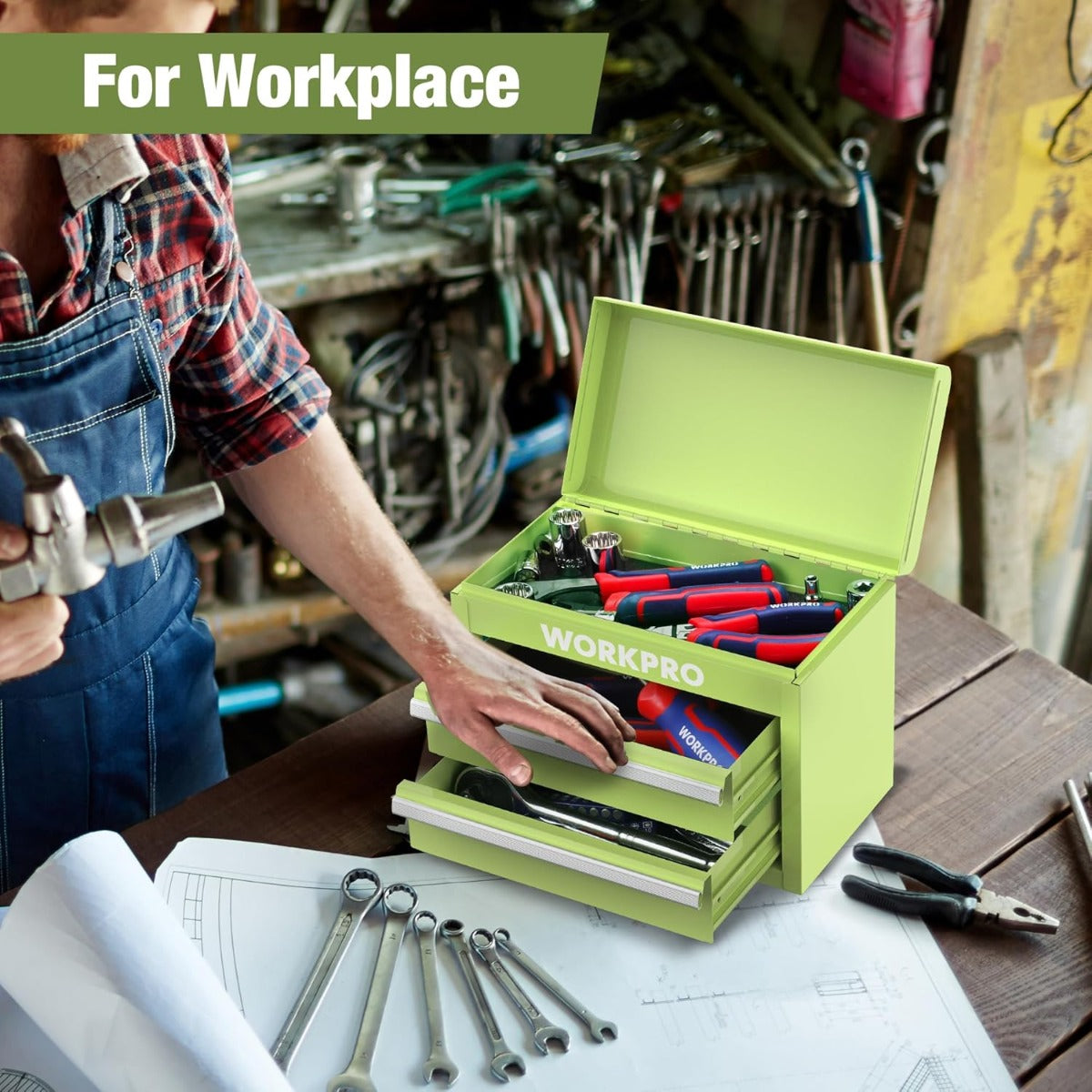 Light green WORKPRO mini metal tool box with two drawers and top storage, open