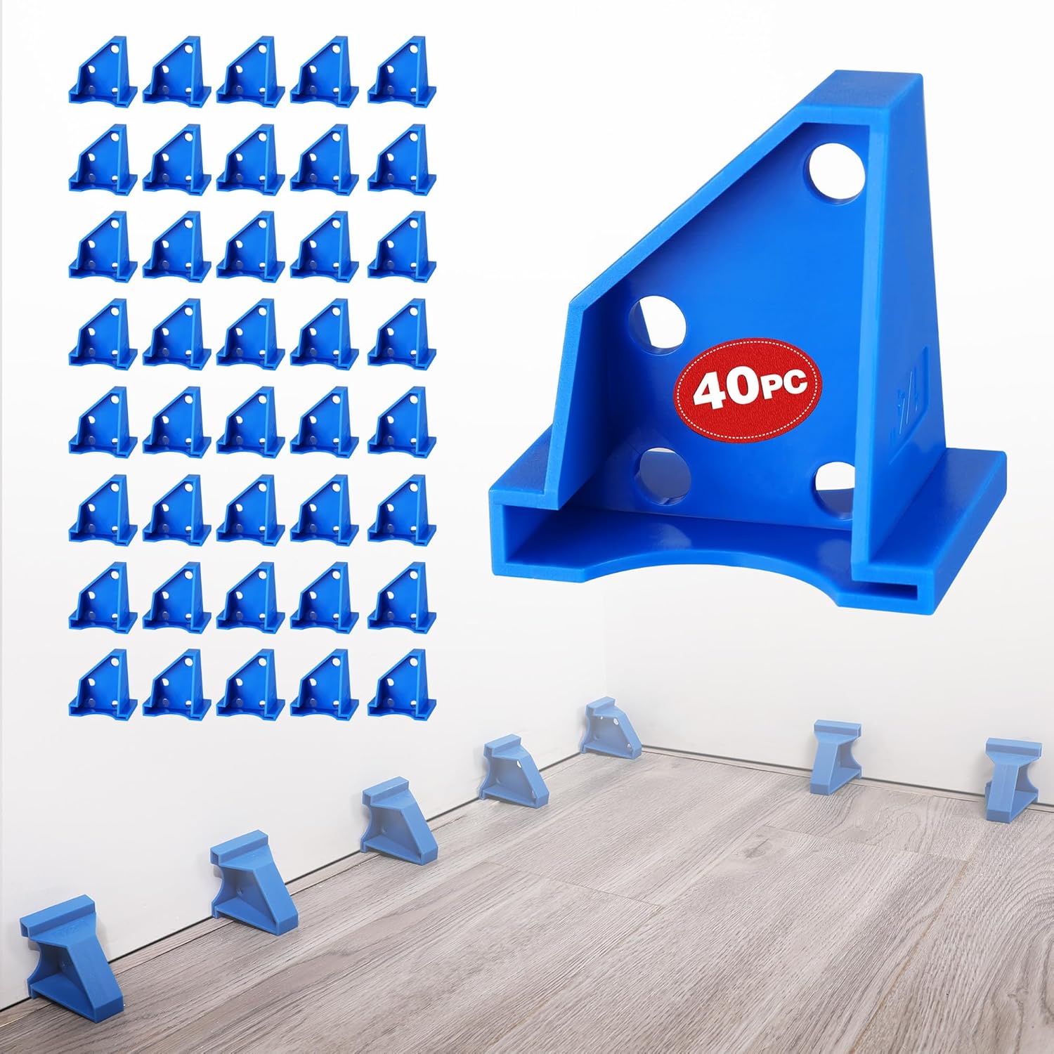 Blue triangular floor spacer set for laminate and wood plank installation, 40-pack style.