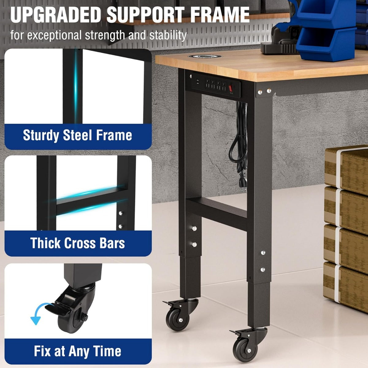 Workbench with sturdy steel frame, thick cross bars, and caster wheels