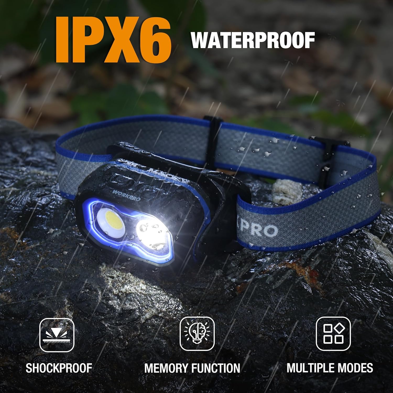 Waterproof headlamp with blue strap and glowing white LED, water droplets on the casing.