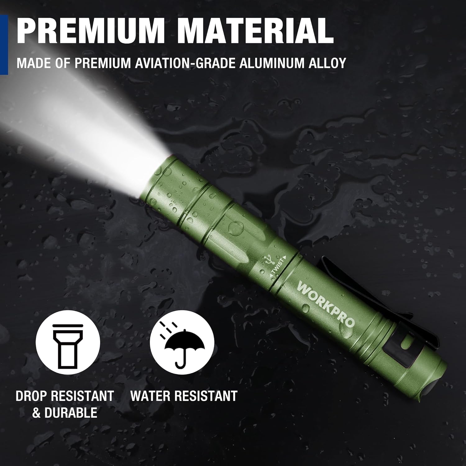 Green rechargeable aluminum pen flashlight with beam head and clip