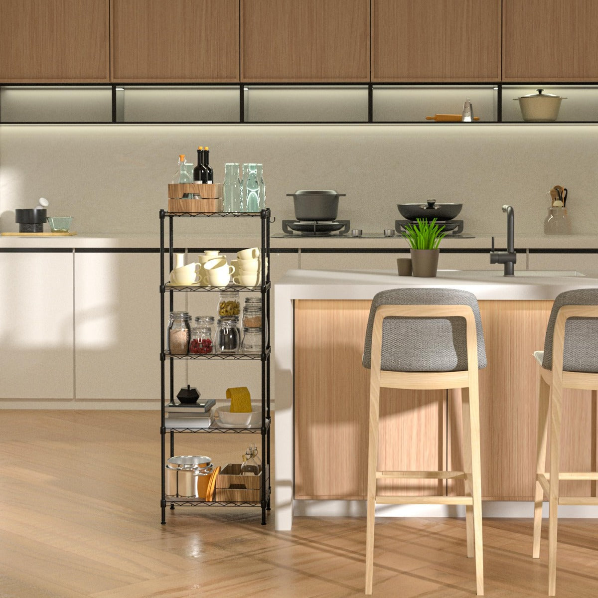 Black 5-tier wire shelving unit holding kitchenware, jars, and cookware