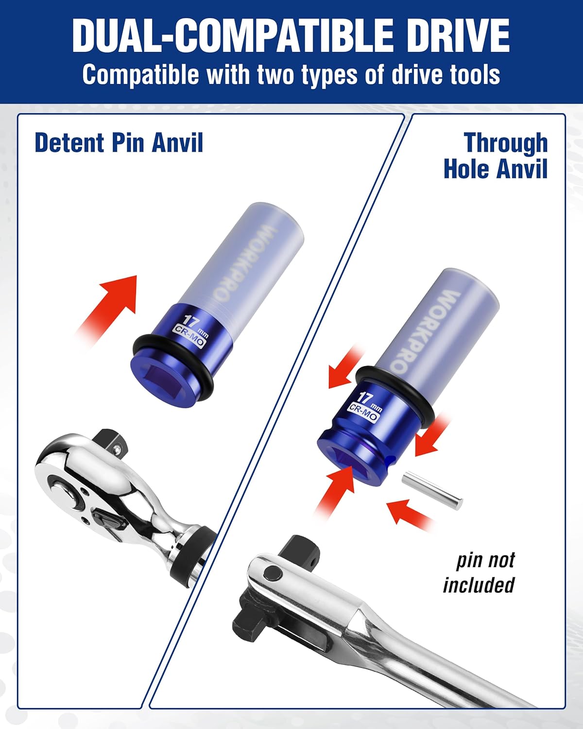 Dual-compatible lug nut sockets with detent pin anvil and through-hole anvil