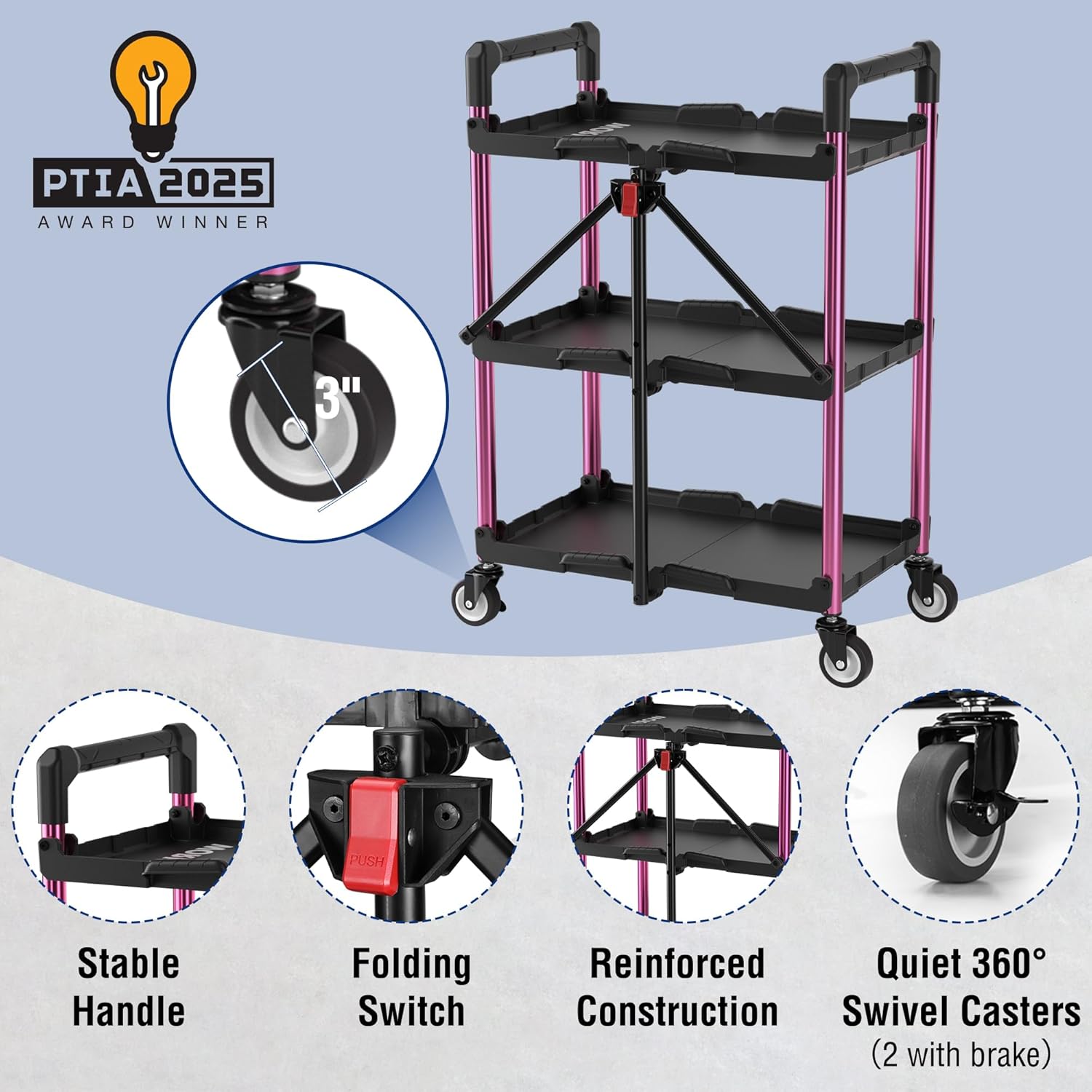 Black 3-tier collapsible utility cart with pink legs, folding switch and quiet 360° wheels