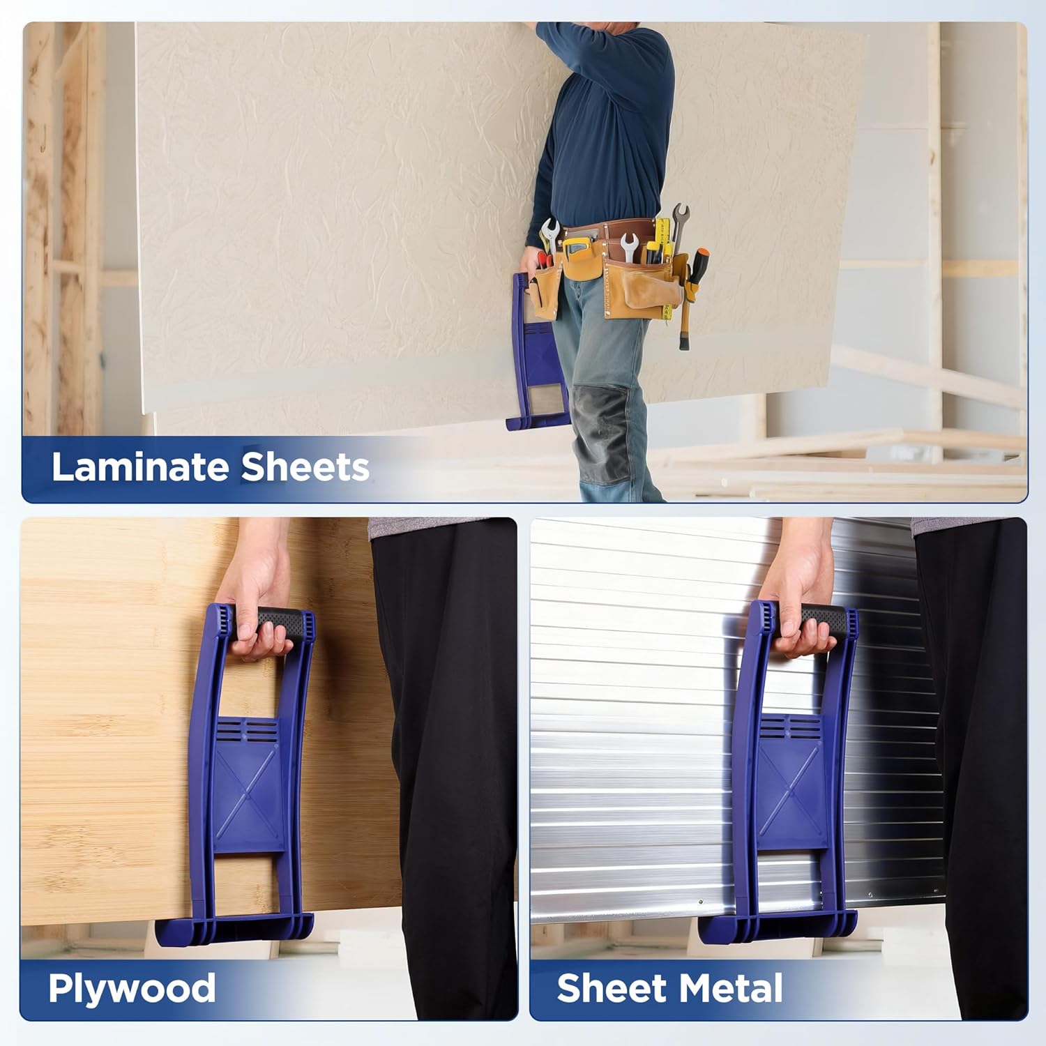 Blue panel carrier used to lift large sheets, with open frame and cushioned handle