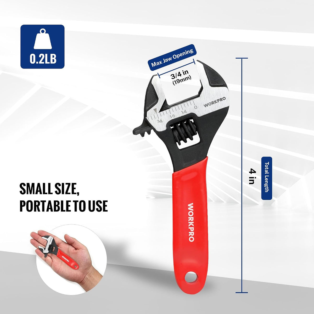 WORKPRO 4-Inch Mini Adjustable Wrench, Wide Jaw Cr-V steel Wrench