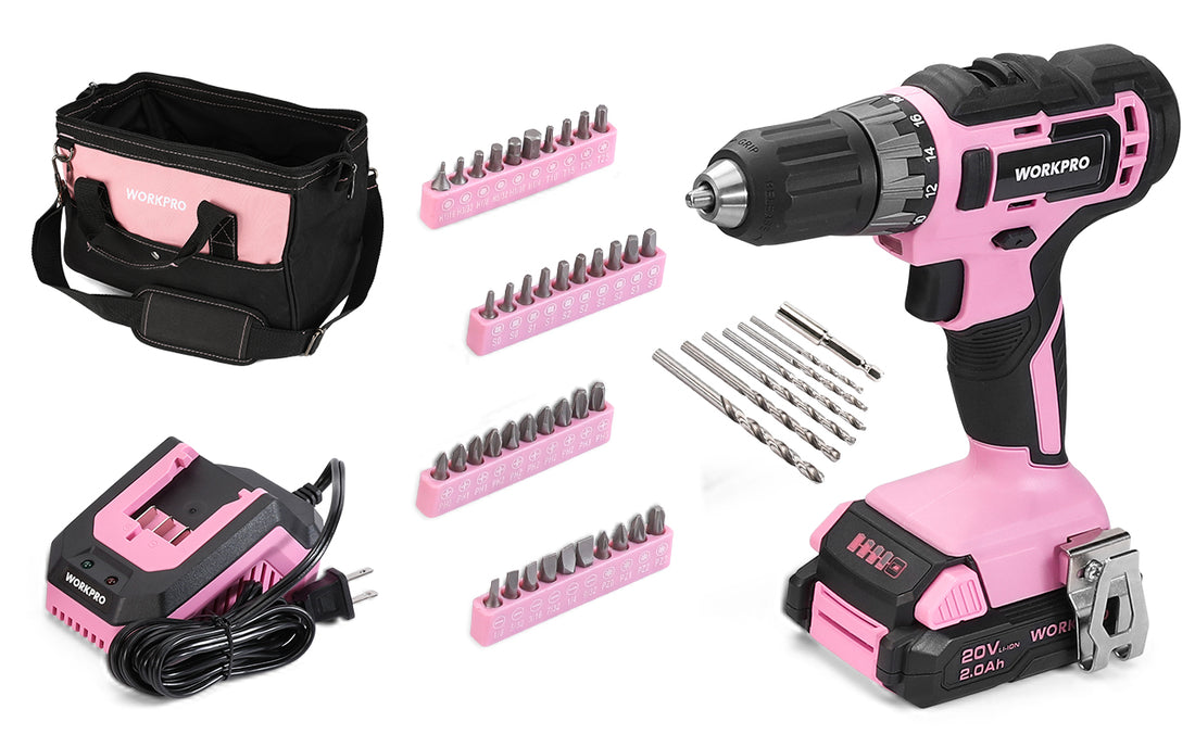 Pink cordless drill with bit set and tool bag, showing innovation and quality in a high-quality kit