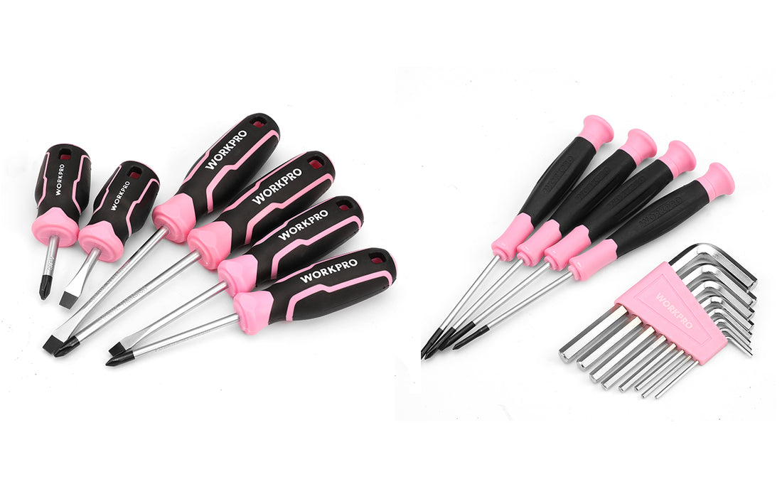 Screwdrivers set with pink and black handles, metal shafts, and hex key wrenches on white background