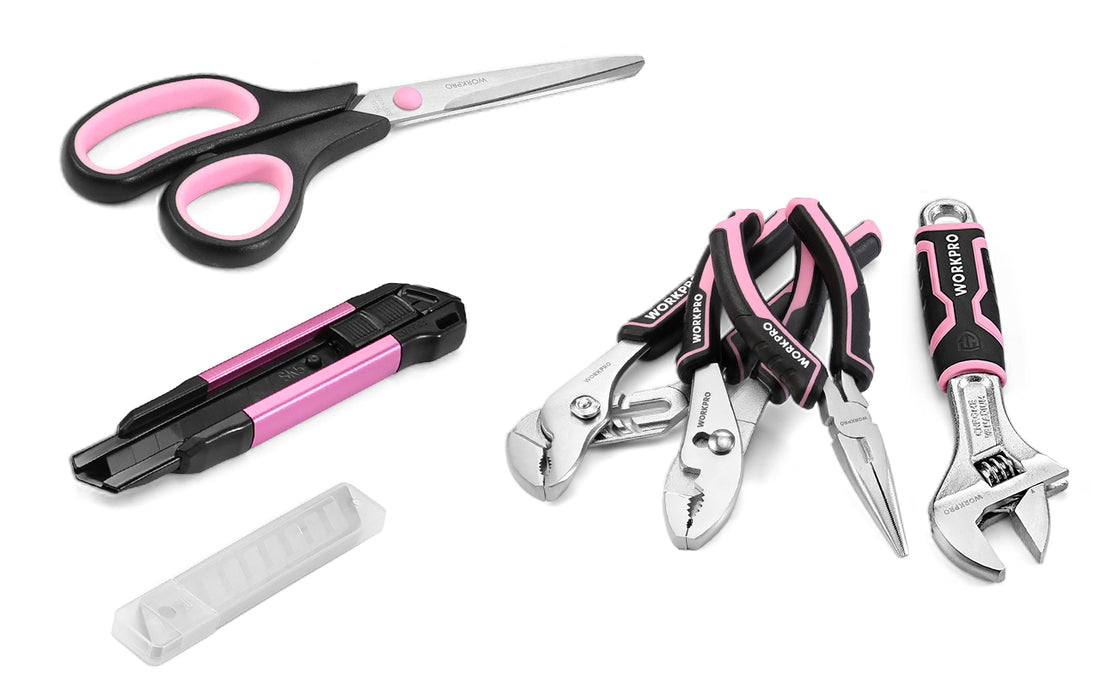 Hand tools set with scissors, pliers, utility knife, and pink handled shears, showing innovation and quality