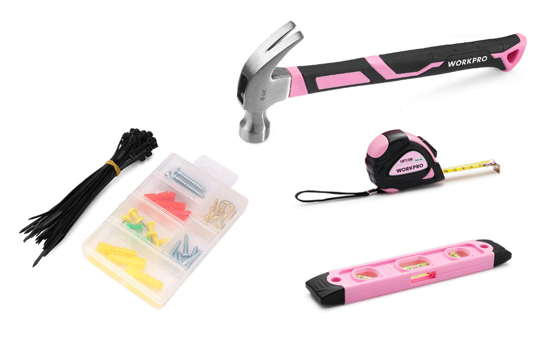 Workpro tool set with hammer, tape measure, and screw assortment in clear case, showing innovation and quality
