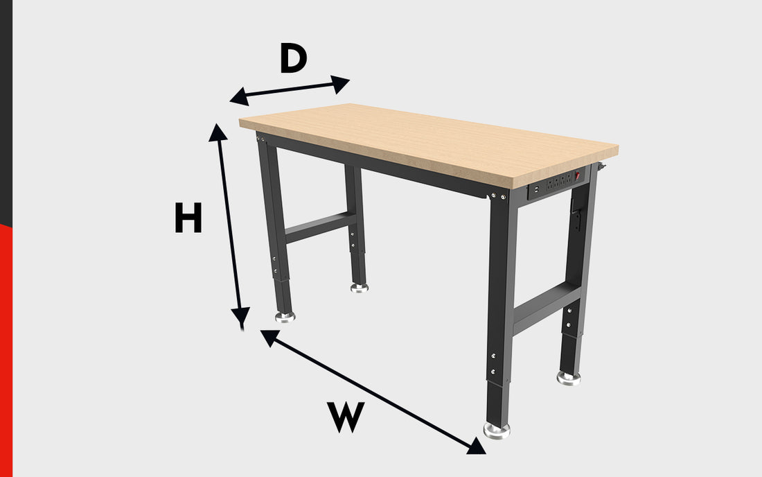 Workbench with wood top and black metal legs, size labels H and W, showing D depth and height