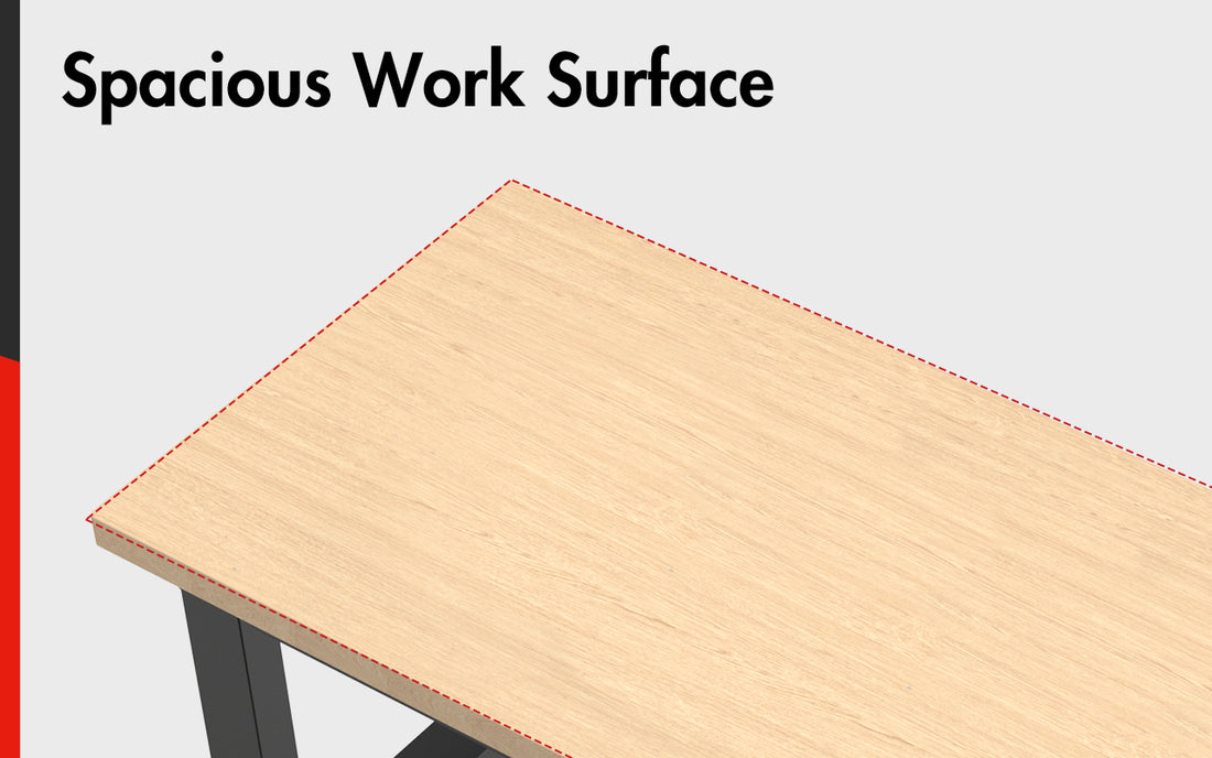 Wood work surface with red outline, showing innovation and quality in a clean workspace layout