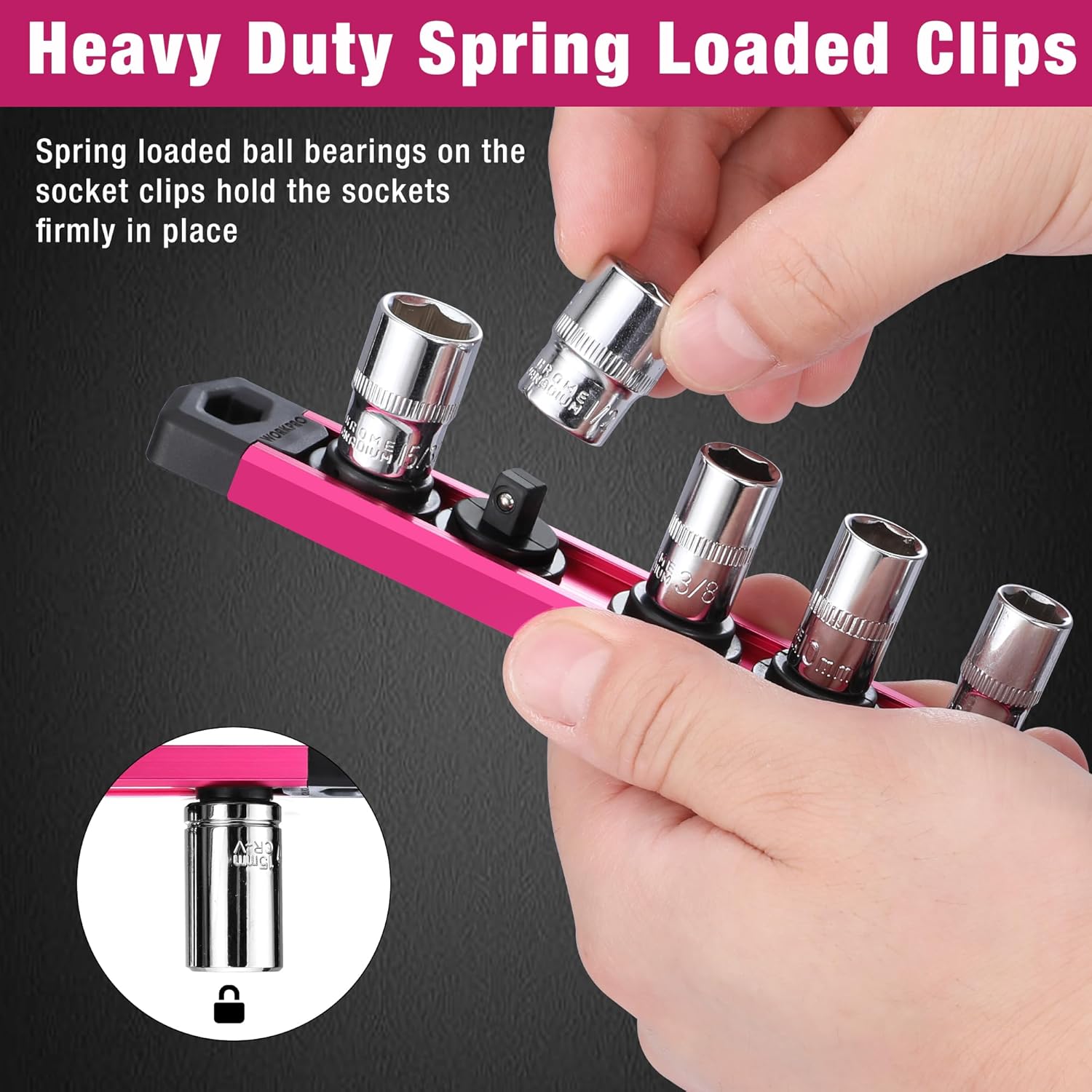 Pink magnetic socket clips on a WORKPRO rail with socket holders and spring-loaded design