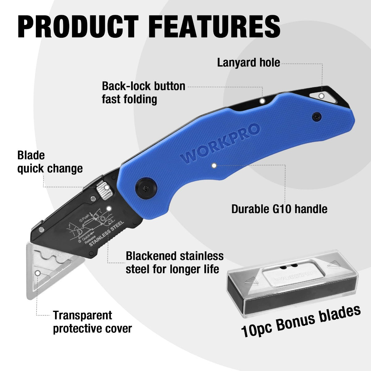 Blue G10 folding utility knife with blade quick-change and protective cover