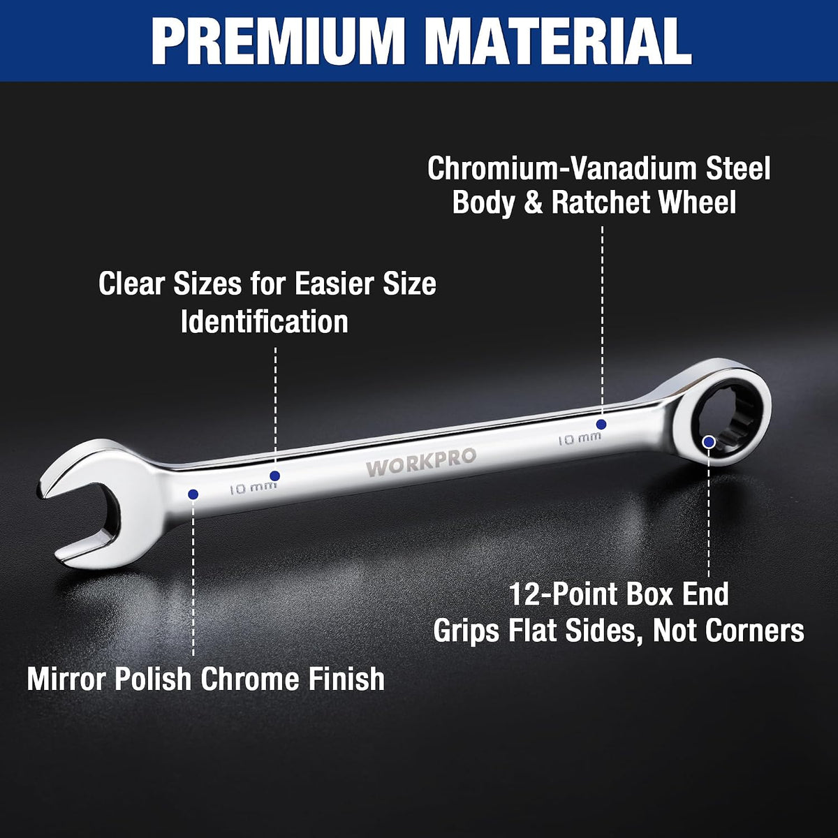 WORKPRO Ratcheting Wrench Set, Metric, 7-piece Ratcheting Combination Wrench Set, 8mm, 10mm, 11mm, 12mm, 13mm, 14mm, 17mm, 12-Point, CR-V Steel, with Organizer Rack