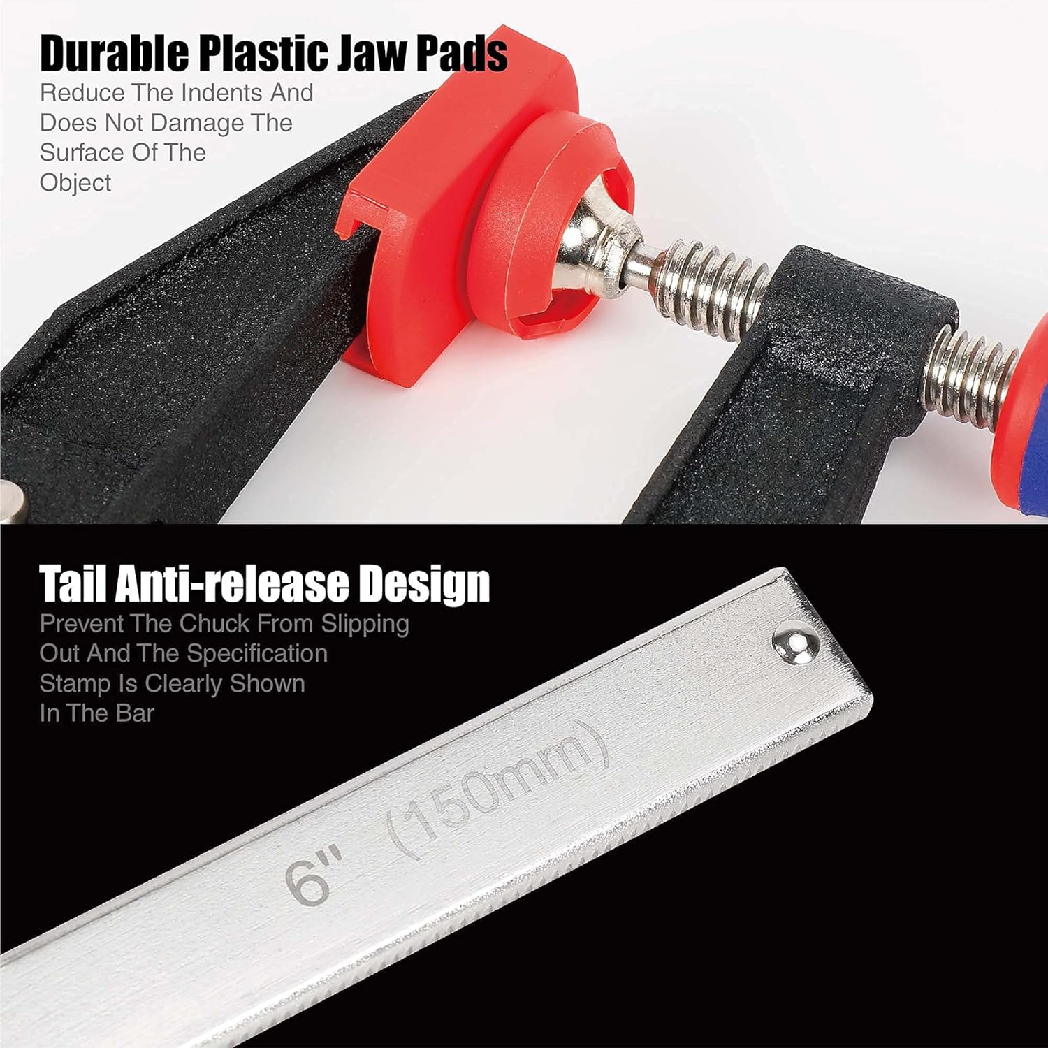Steel bar clamp with durable red and black jaw pads, threaded bar, quick-release design