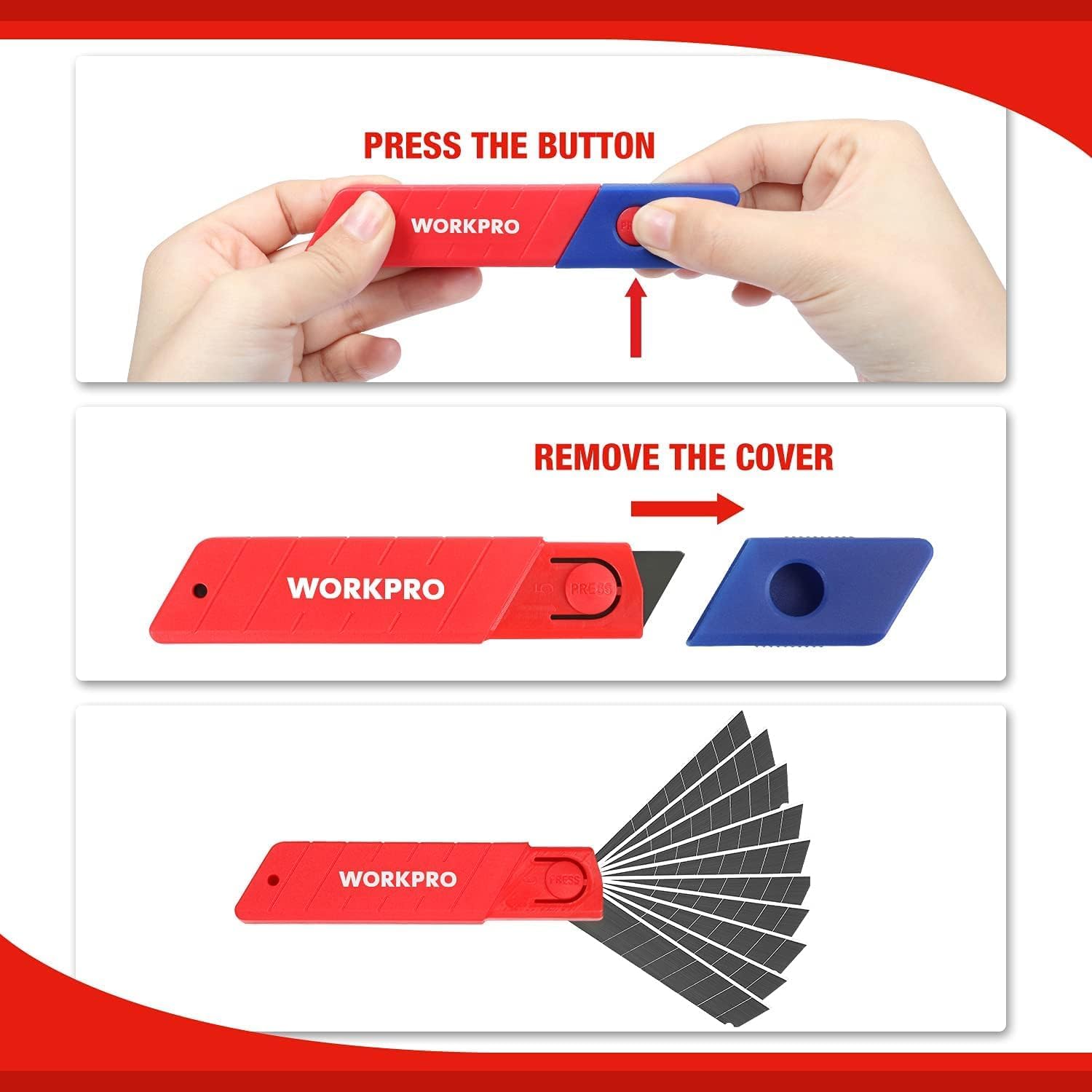 Retractable utility knife showing press button and removable blade cover