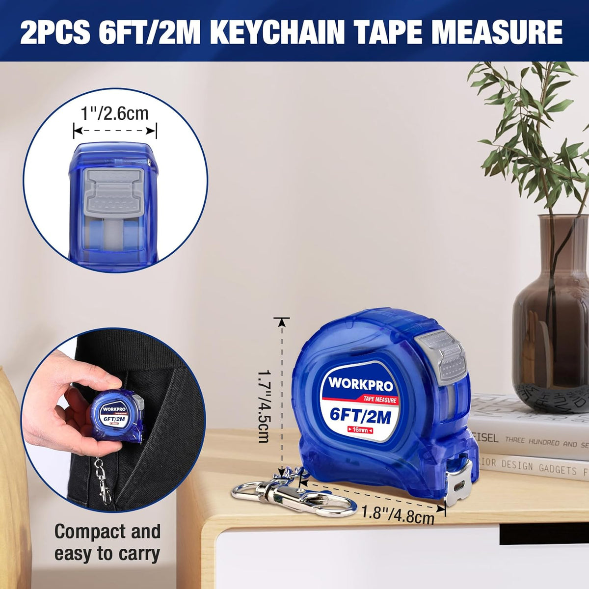 Blue mini keychain tape measure set (2 pcs) with retractable housing and metal belt clip