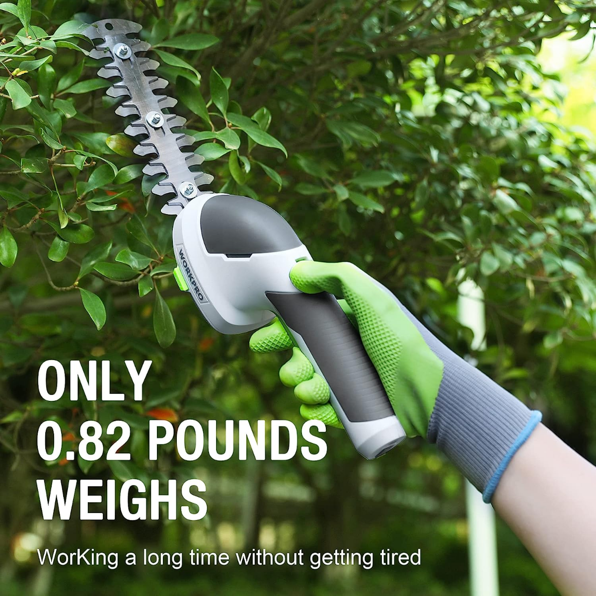 Lightweight cordless hedge trimmer and grass cutter with green accents and gray grip