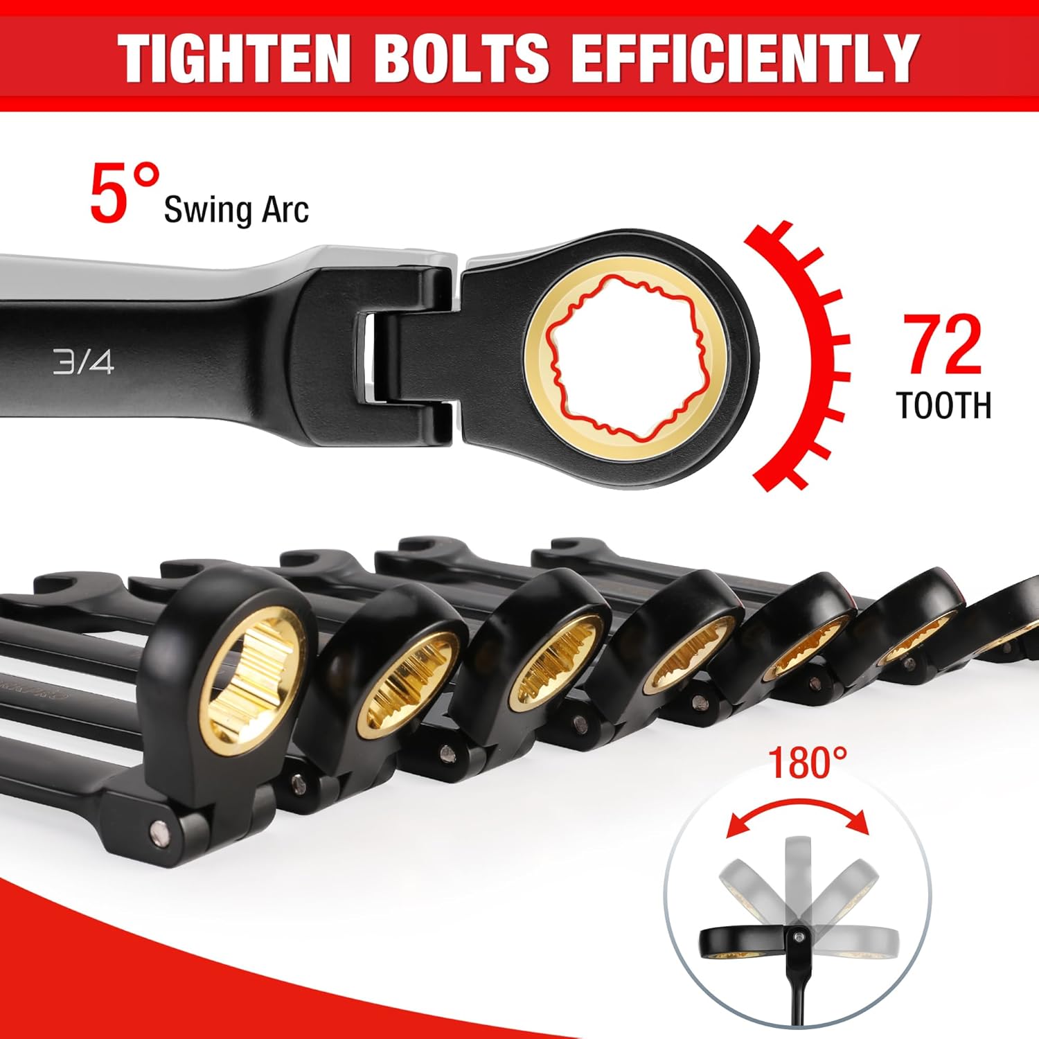 Black 72-tooth ratcheting wrench set with flexible swing arc heads and gold drive rings