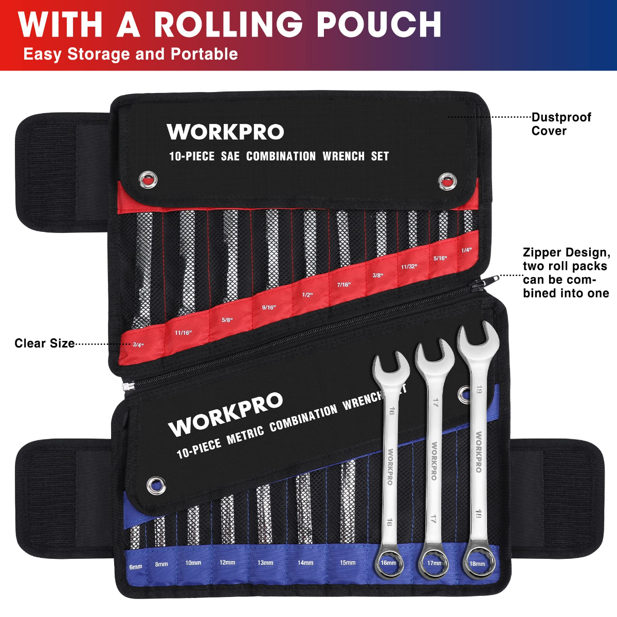 WORKPRO 10-piece SAE combination wrench set in a black rolling pouch