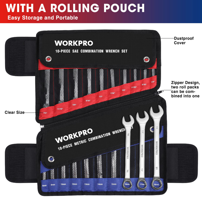 WORKPRO 20 Pcs Metric & SAE Combination Cr-V 12-point Wrench Set, SAE 1/4”- 3/4” and Metric 6mm-18mm