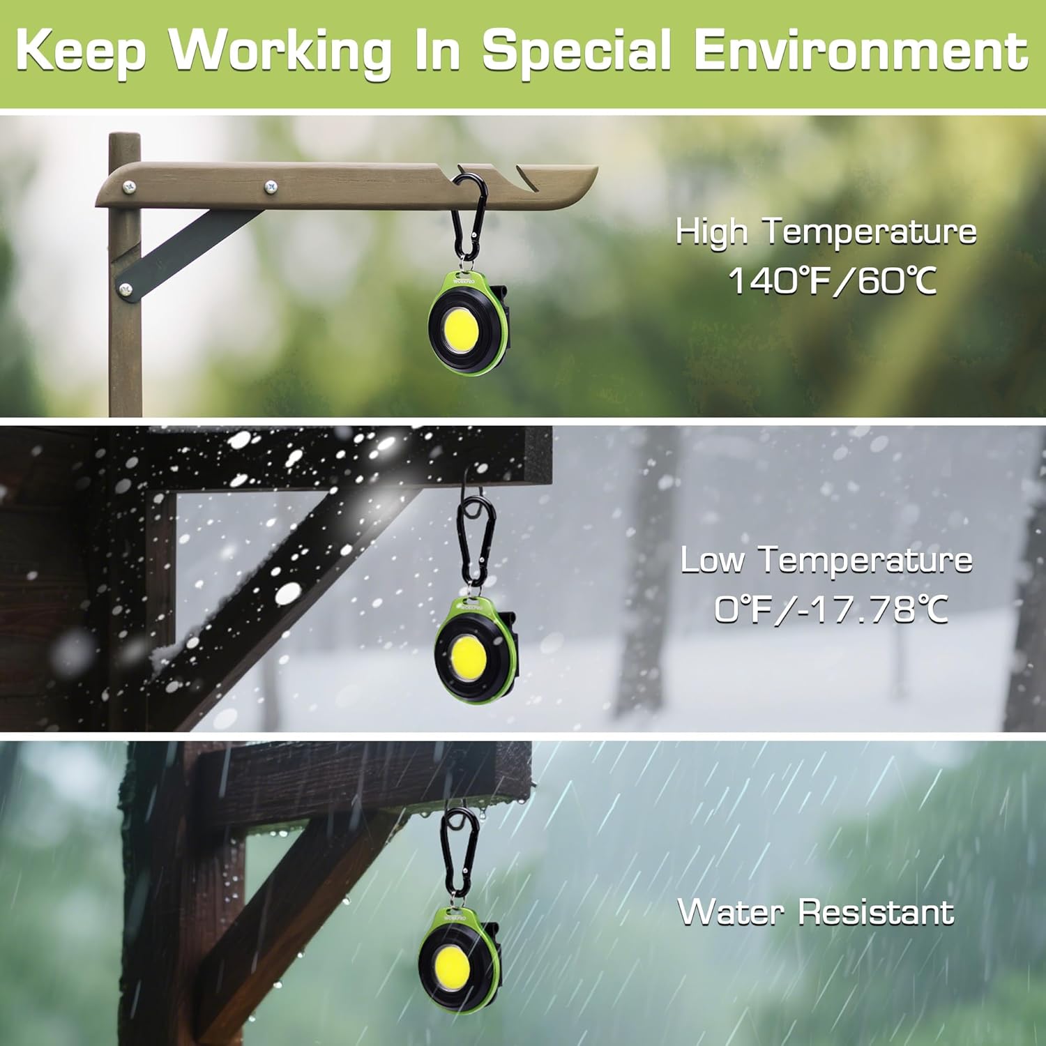 Weather-resistant green keychain flashlight hanging from a stand with metal hook
