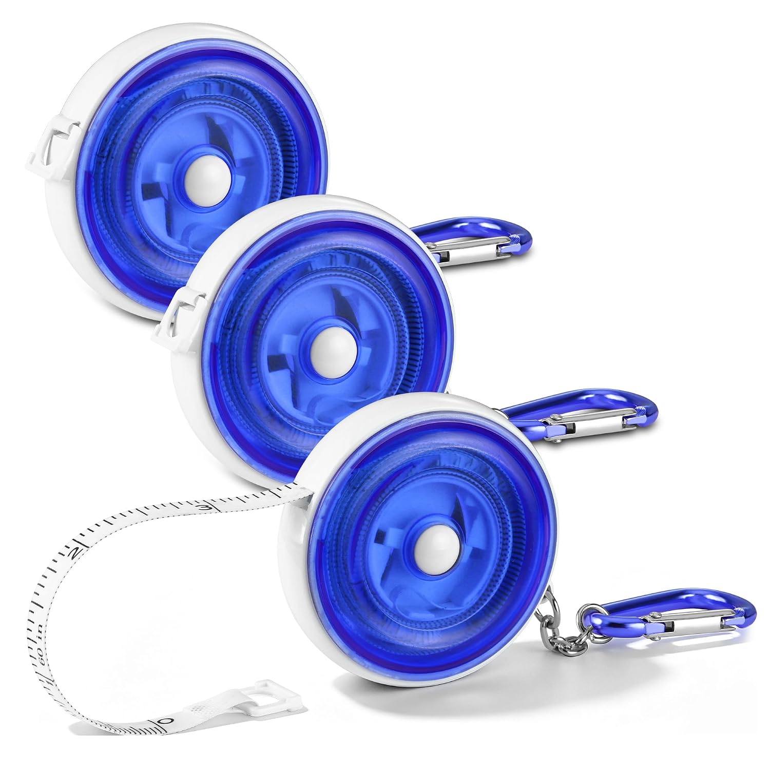 3-pack retractable soft measuring tapes with blue cases and carabiner clips