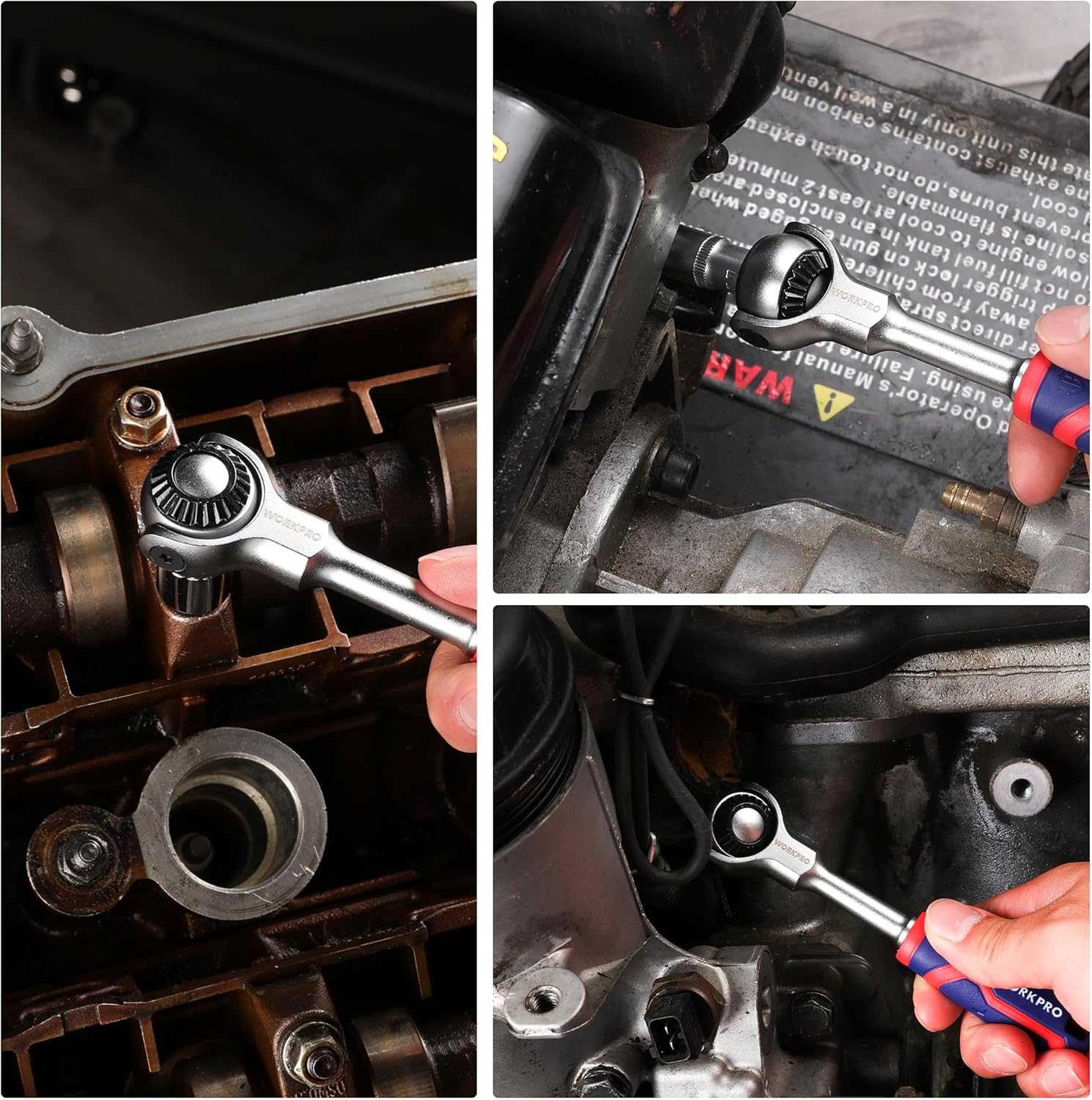 Chrome swivel head ratchet being used in a compact engine area for precise work