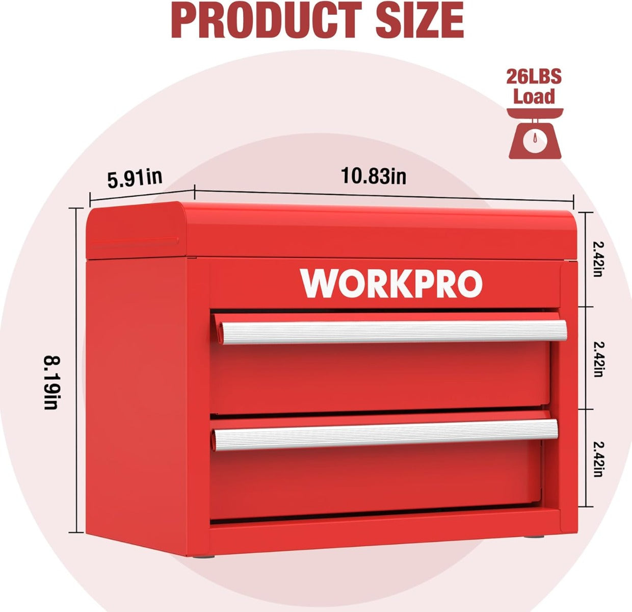 Red WORKPRO mini metal tool box with two drawers, front view with size diagram