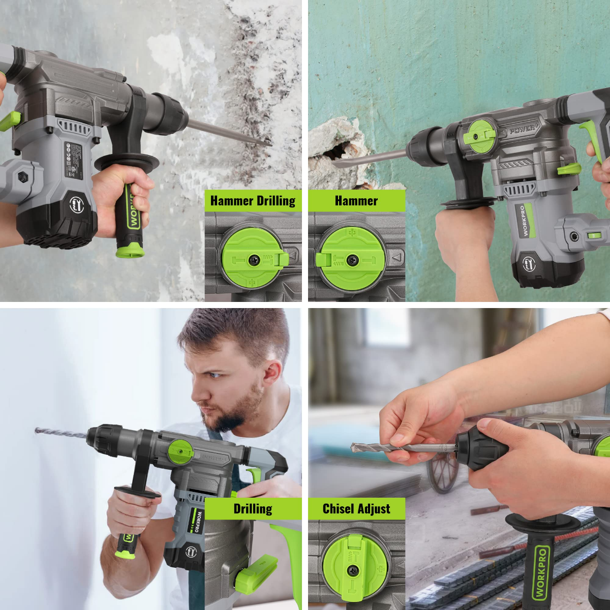 WORKPRO corded rotary hammer drill held by hand drilling a wall, green side grip