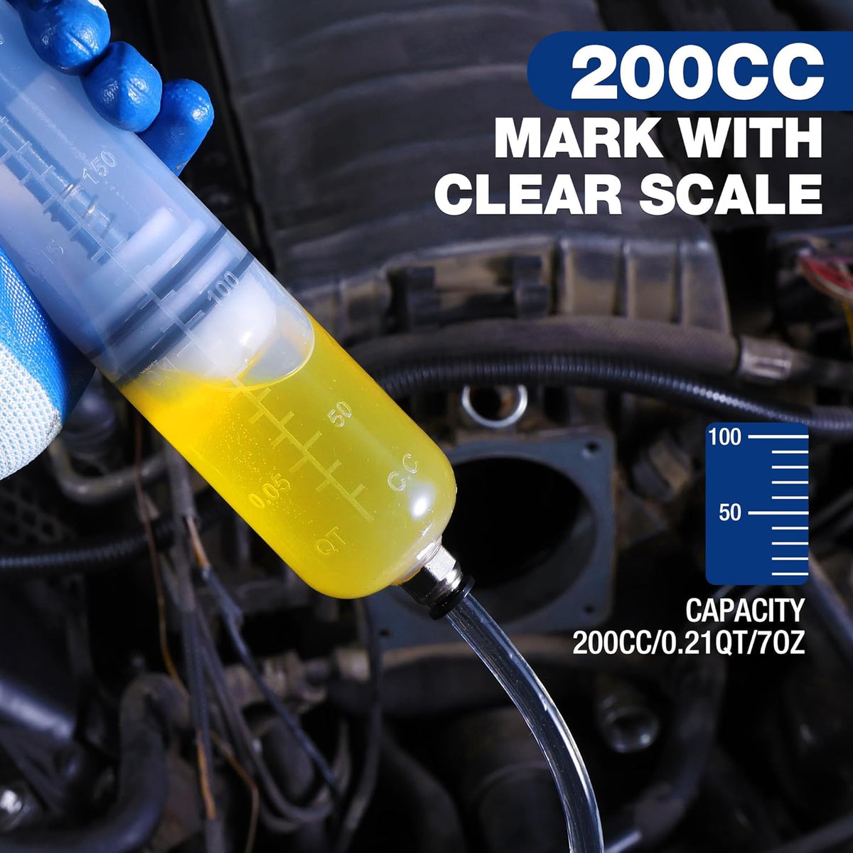 Yellow fluid reservoir syringe with clear barrel and capacity markings, metal suction tip