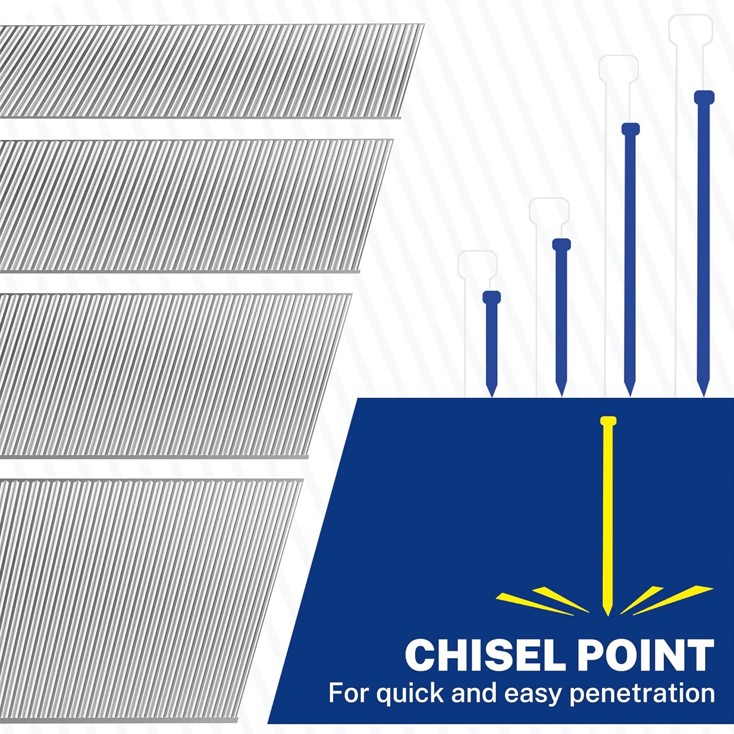 18-gauge brad nails with chisel point tips, silver steel