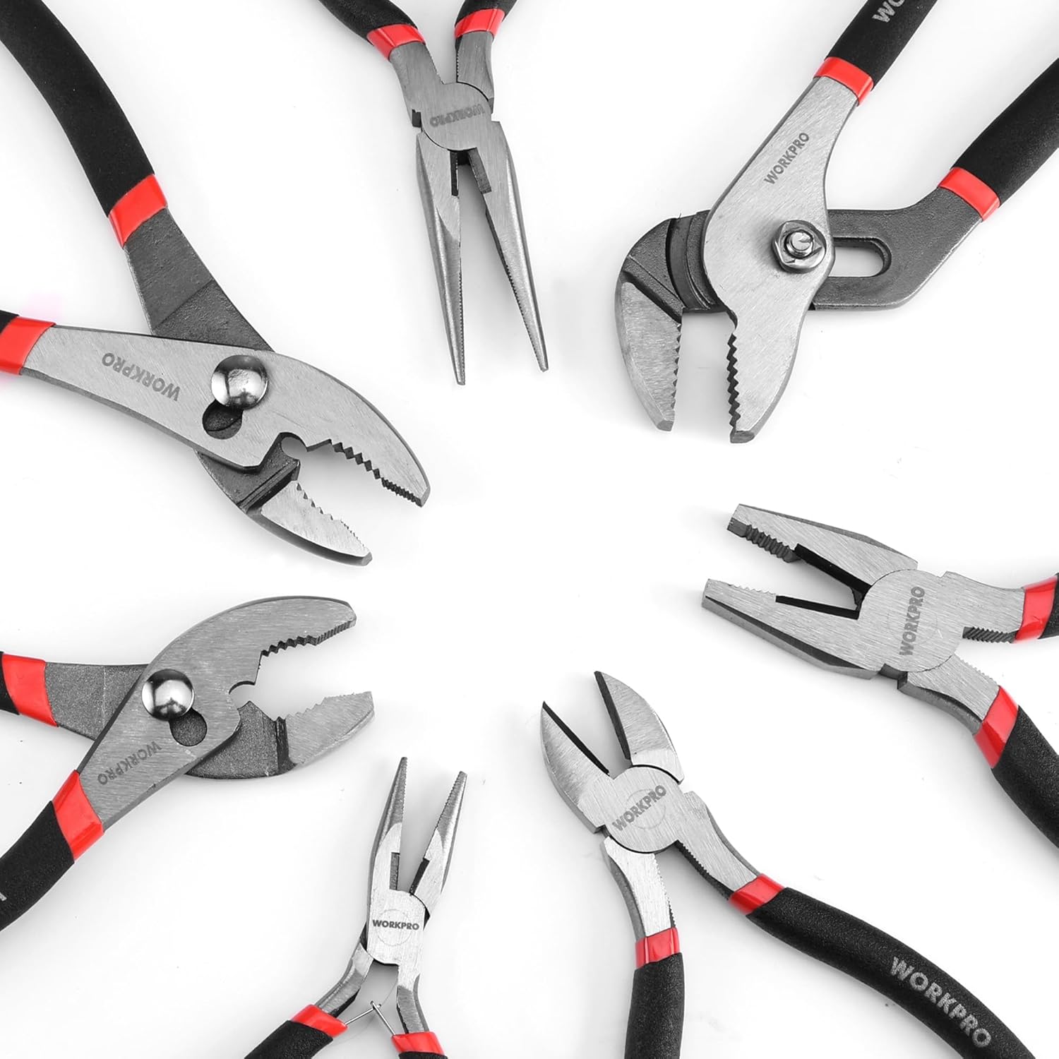 Assorted pliers showing jaws with black handles and red accents