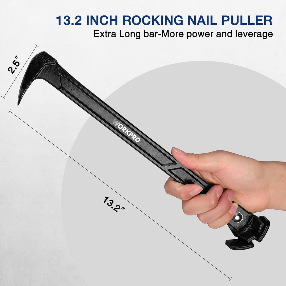 Black rocking nail puller pry bar held by hand, long lever for pulling nails