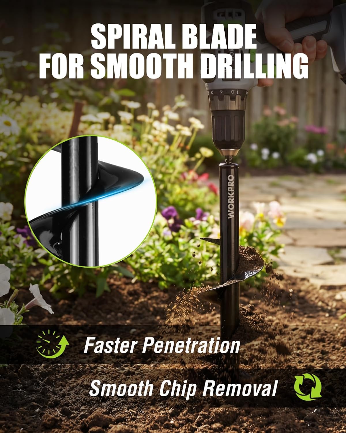 Spiral garden auger drill bit with helical blade for smooth drilling into soil