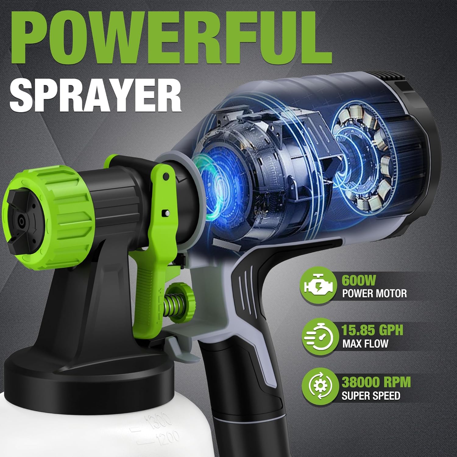 HVLP paint sprayer with green nozzle and black base on clear container, 600W-style design.