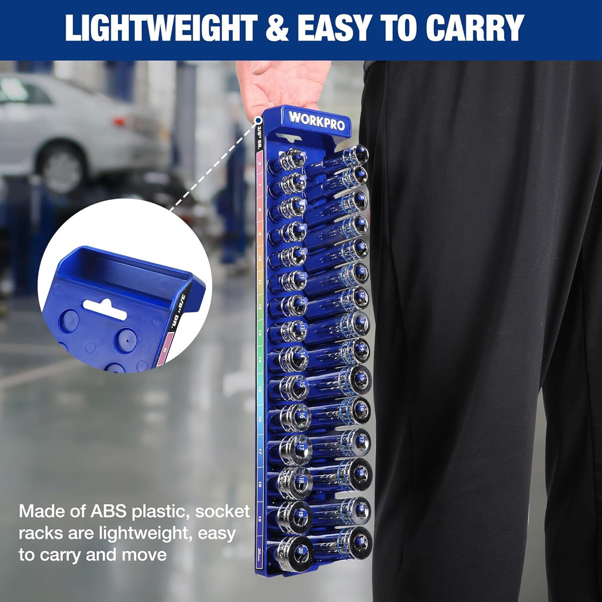 Blue WORKPRO socket organizer rack with socket posts, designed for lightweight carrying