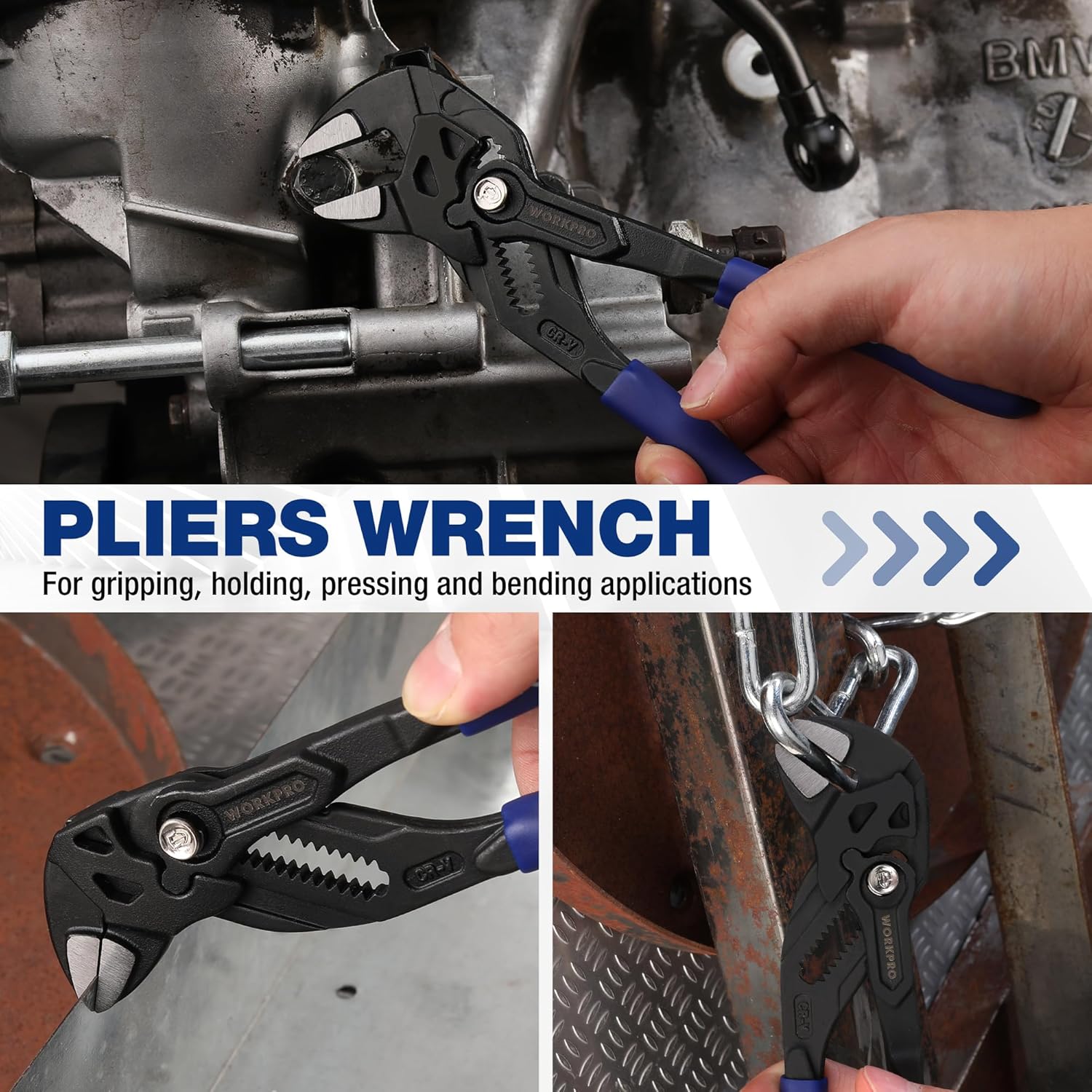 Blue-and-black pliers wrench gripping a metal latch; CR-V style jaw tips