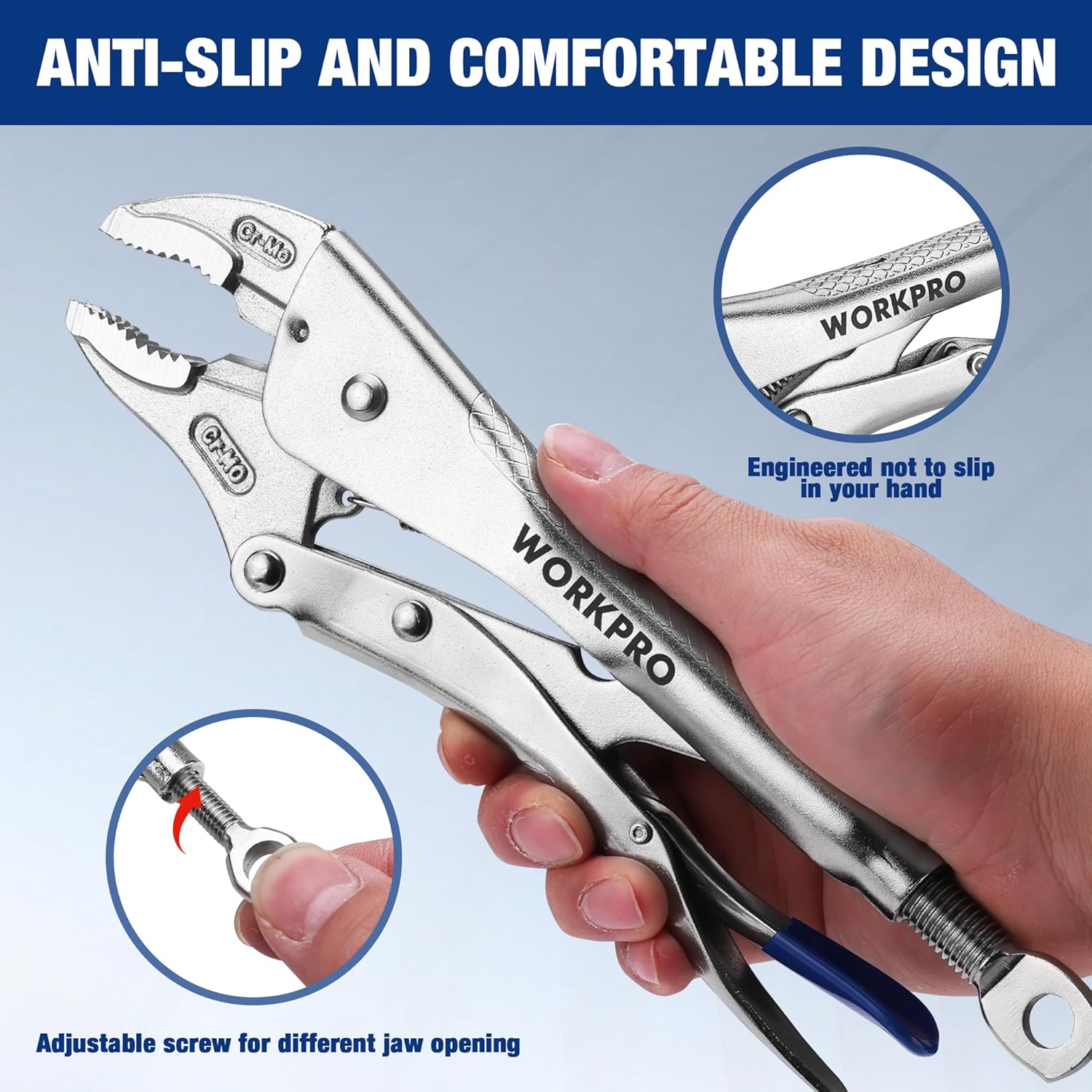 WORKPRO locking pliers with anti-slip grip and adjustable screw for jaw opening